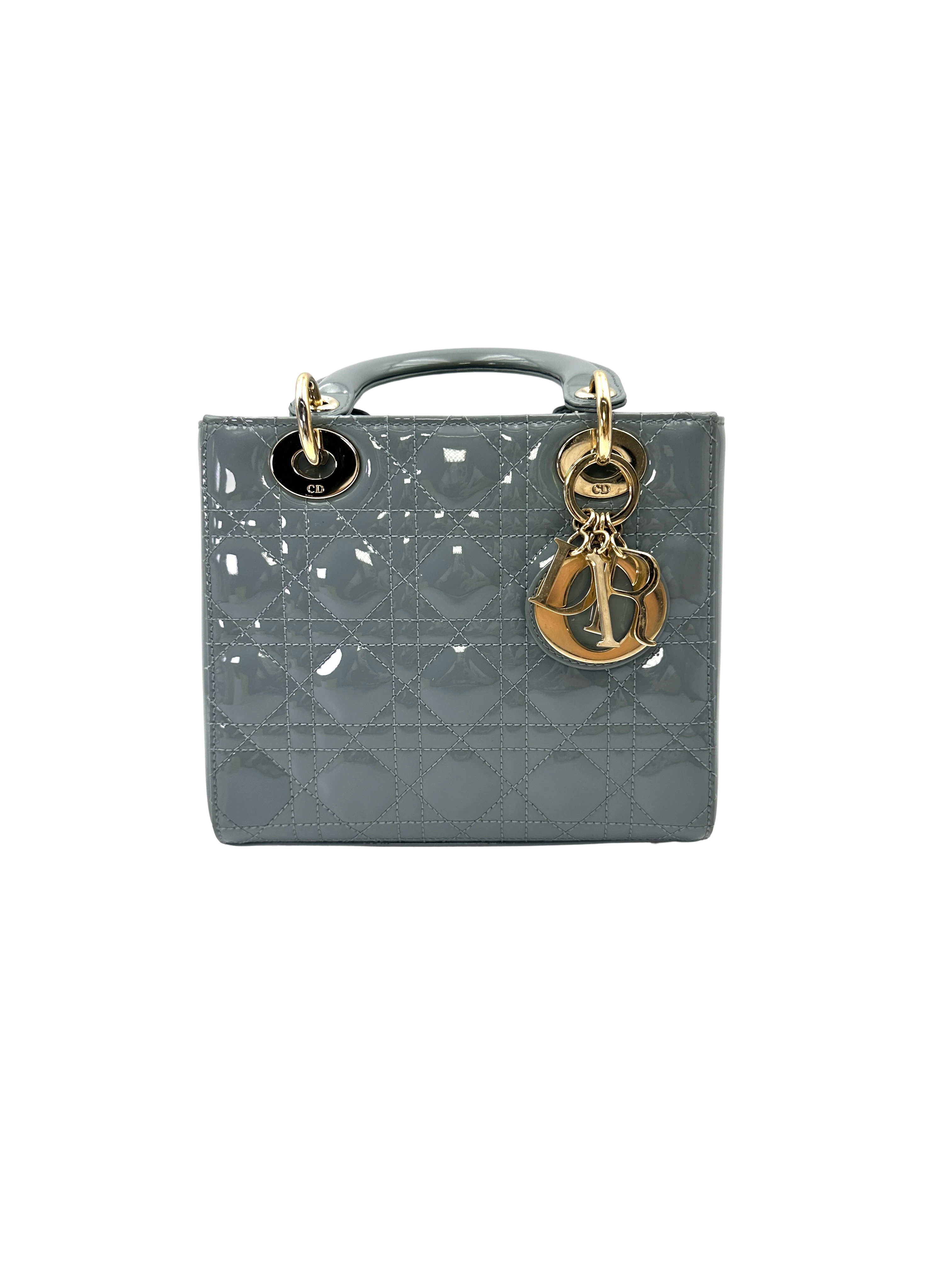Christian Dior Lady Dior Light Blue Patent Leather Handle Bag With Gold Charms DR816
