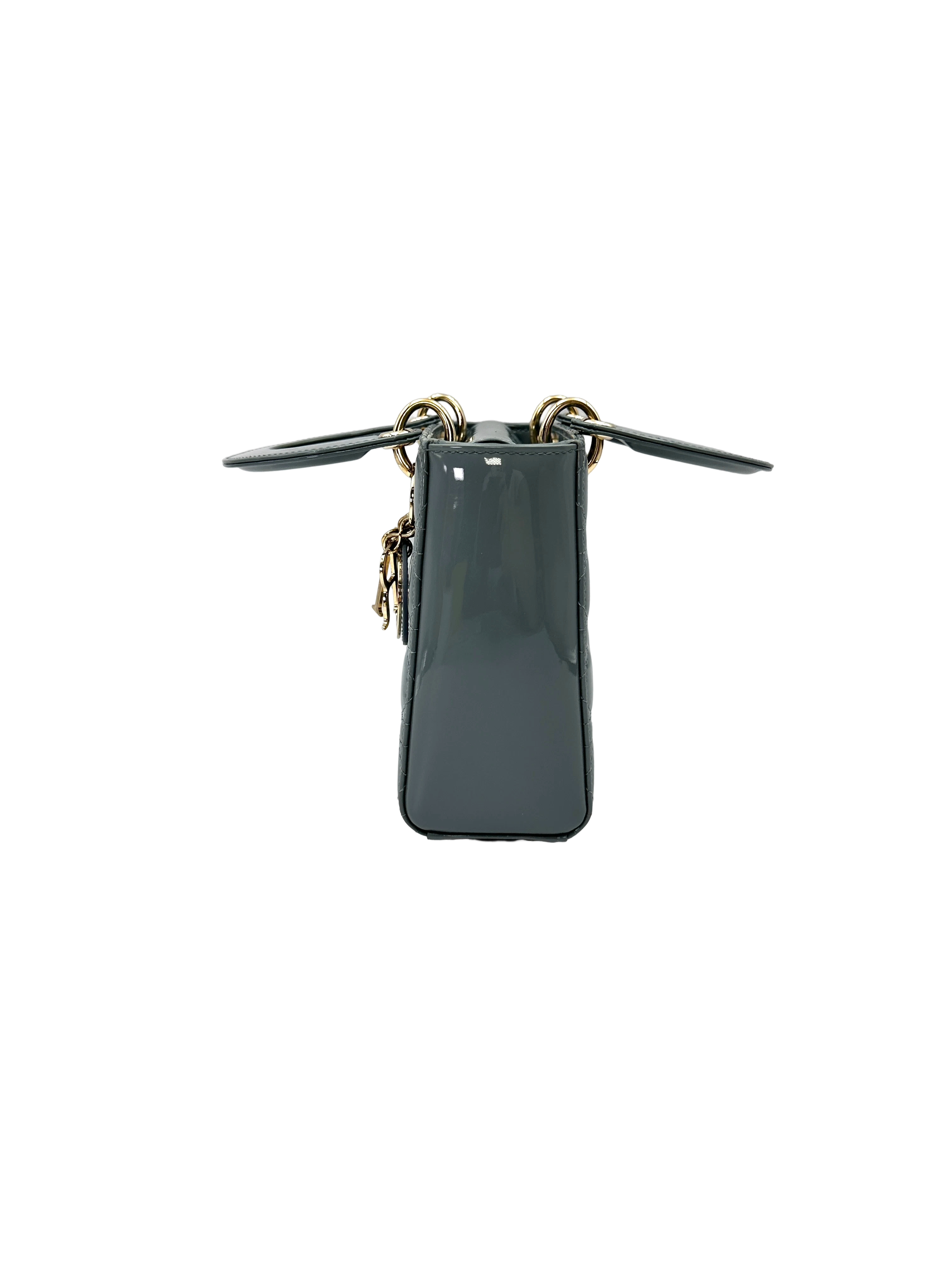 Christian Dior Lady Dior Light Blue Patent Leather Handle Bag With Gold Charms DR816