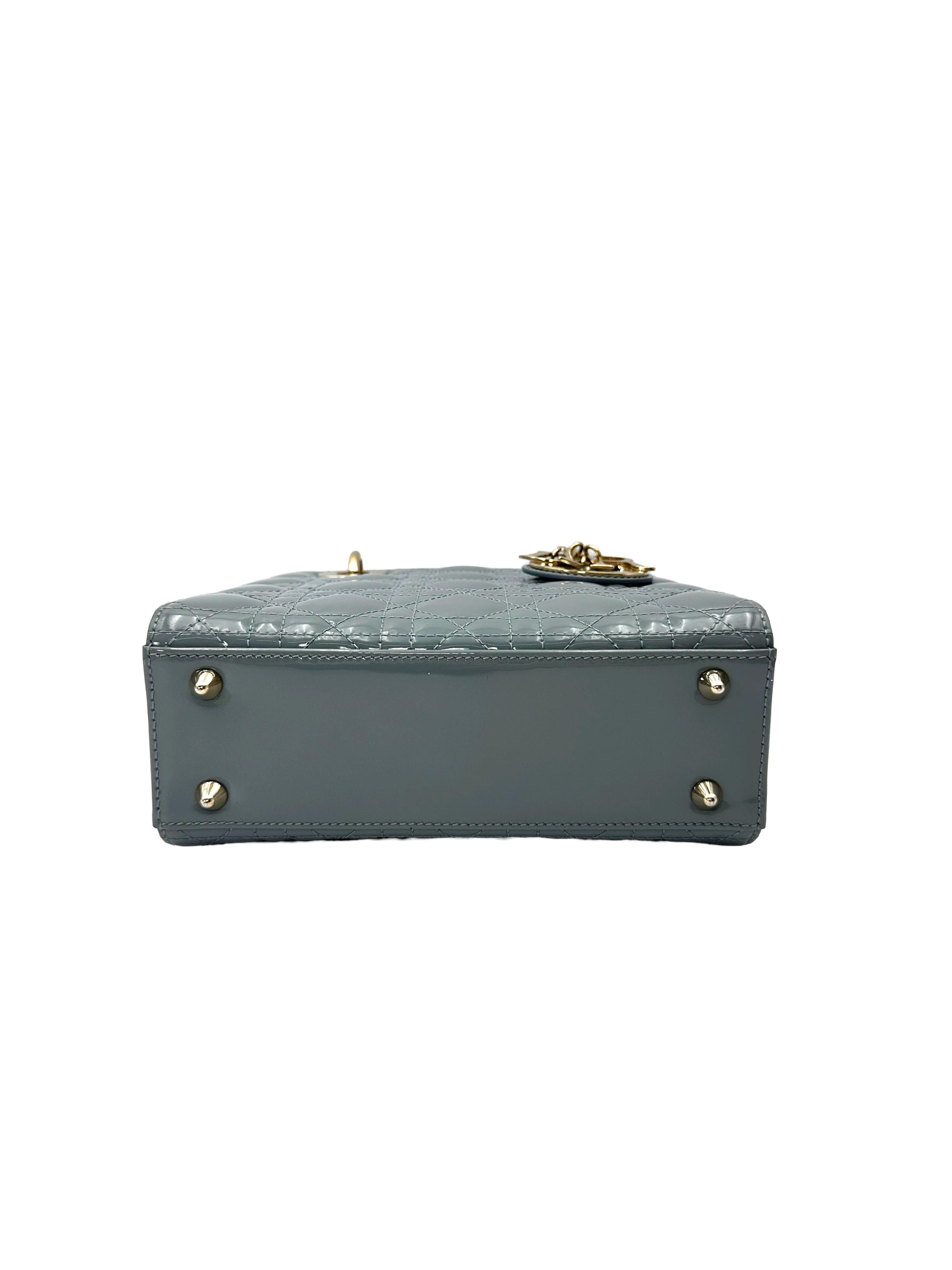 Christian Dior Lady Dior Light Blue Patent Leather Handle Bag With Gold Charms DR816