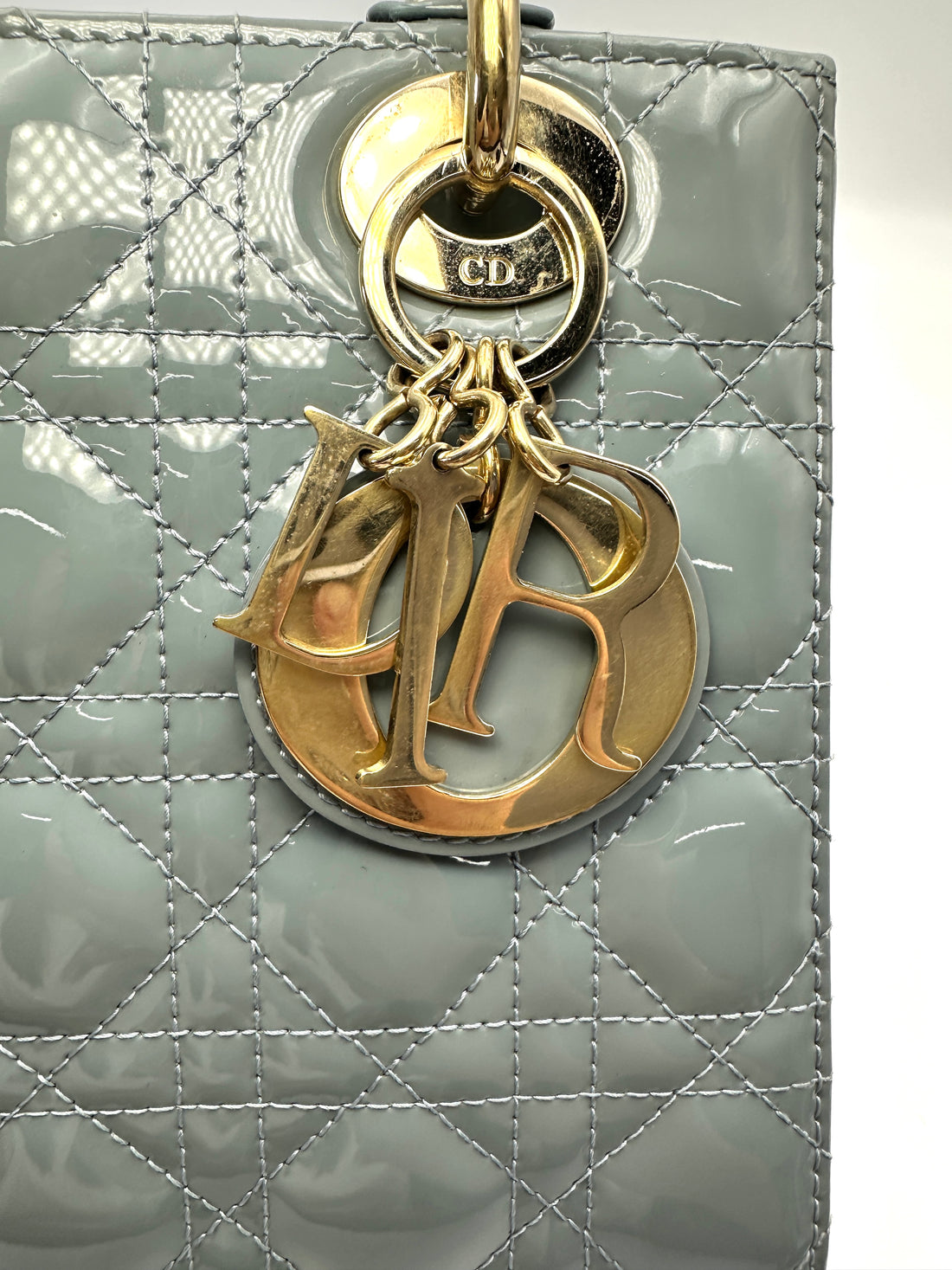 Christian Dior Lady Dior Light Blue Patent Leather Handle Bag With Gold Charms DR816