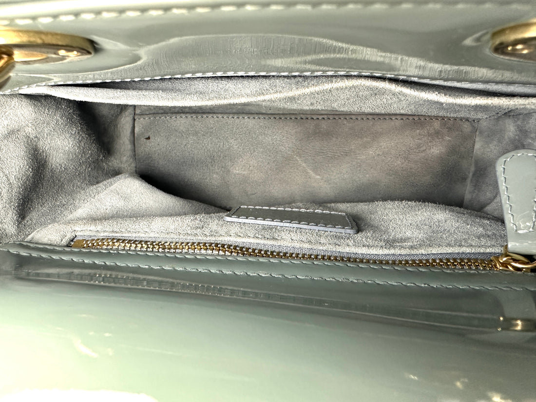Christian Dior Lady Dior Light Blue Patent Leather Handle Bag With Gold Charms DR816