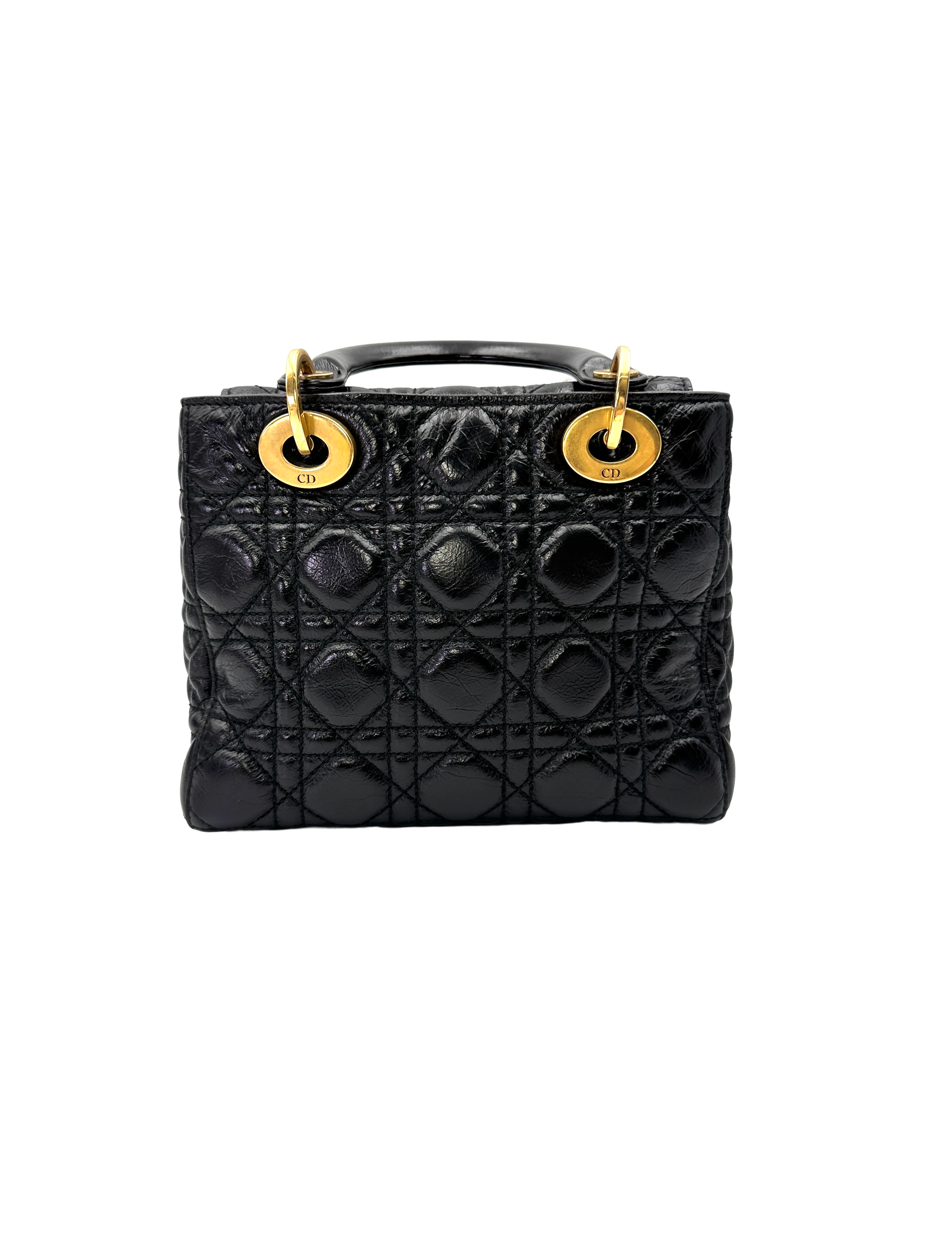 Christian Dior Lady Dior Black Leather Handle Bag With Gold Charms DR815