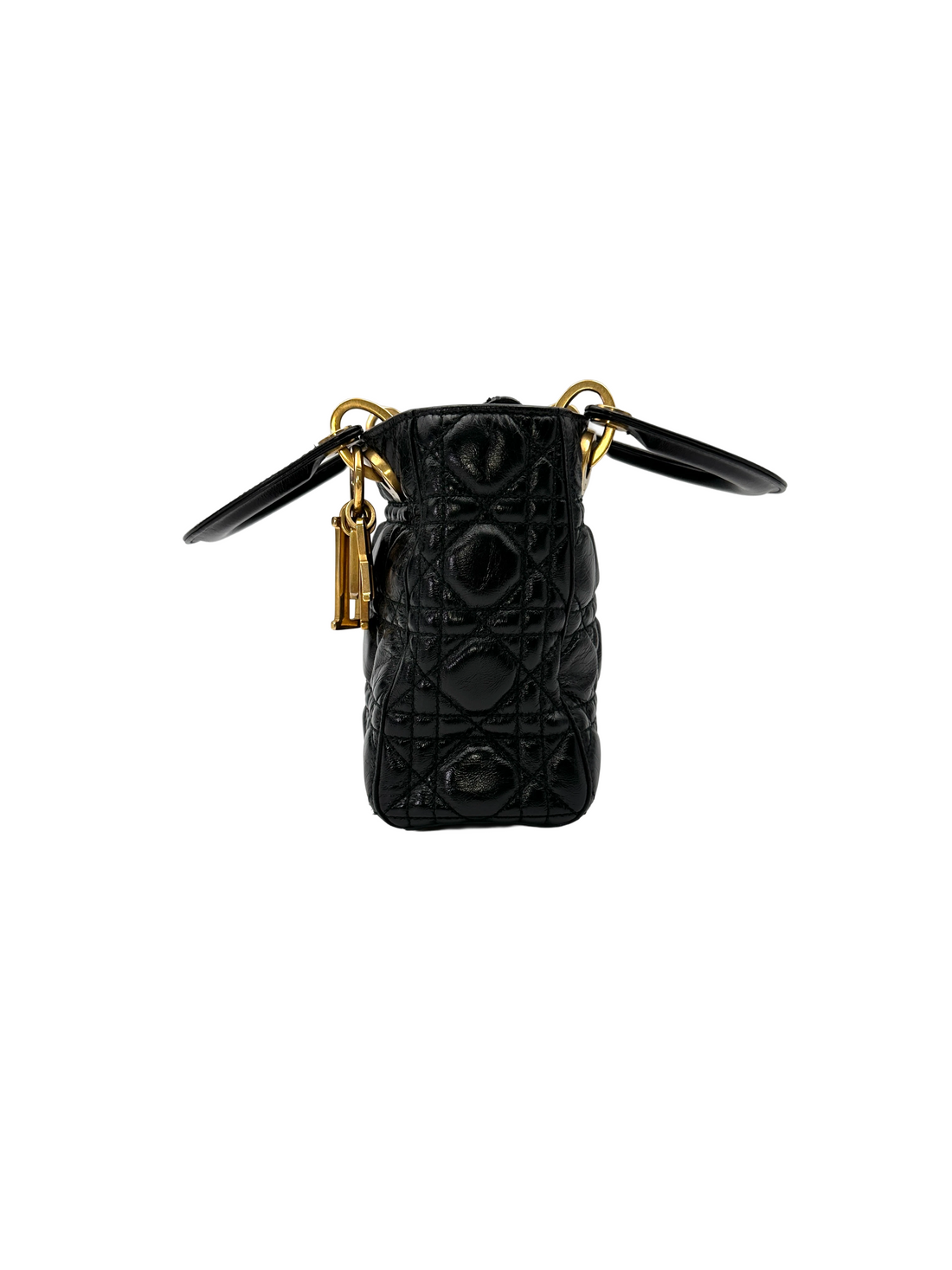 Christian Dior Lady Dior Black Leather Handle Bag With Gold Charms DR815