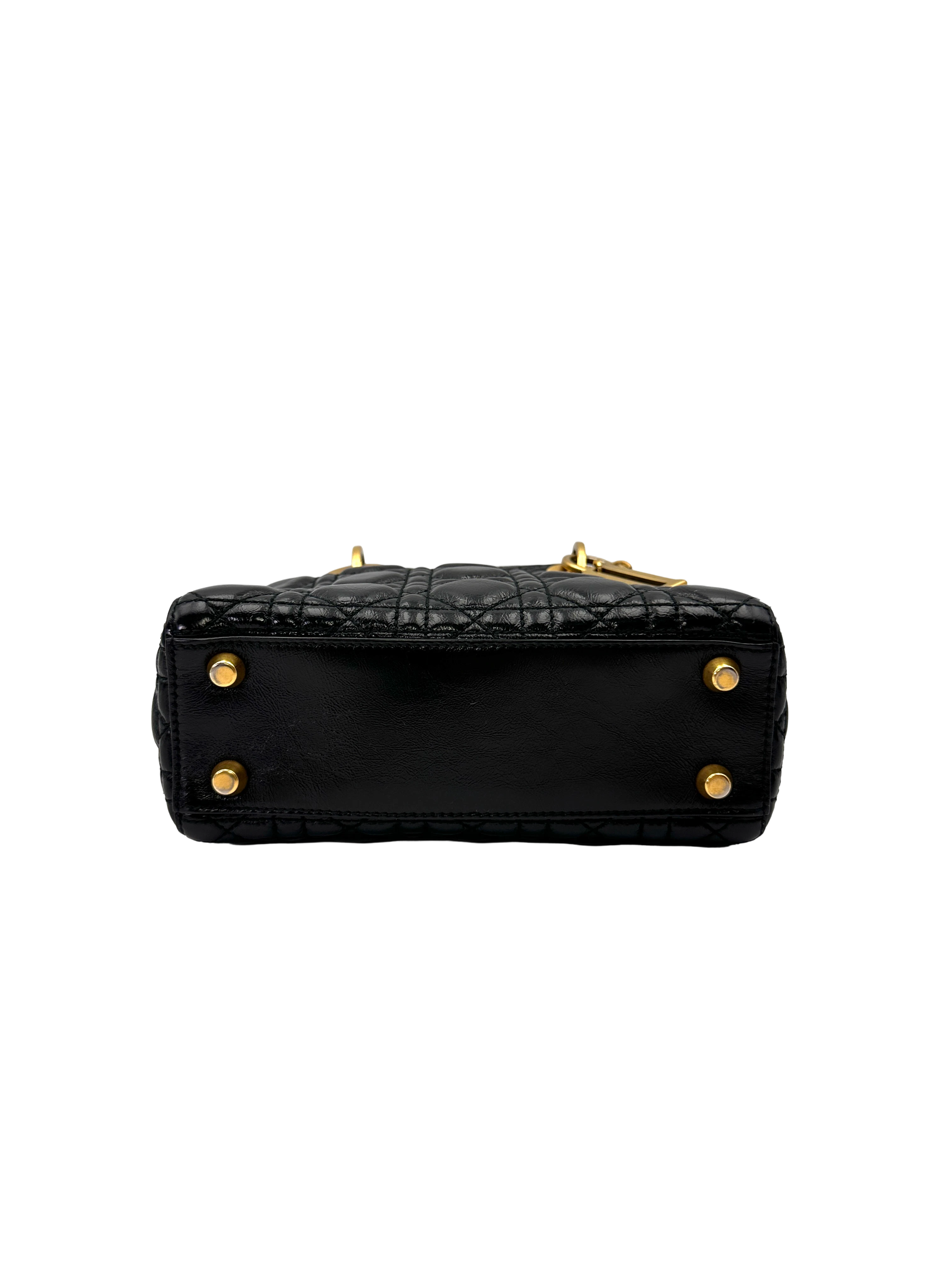 Christian Dior Lady Dior Black Leather Handle Bag With Gold Charms DR815