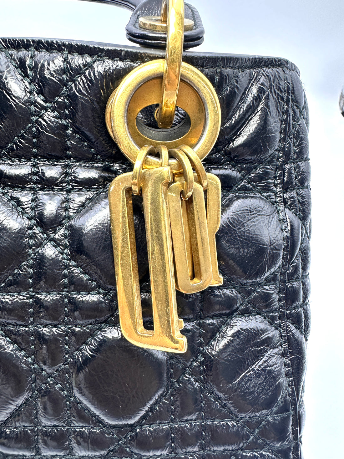 Christian Dior Lady Dior Black Leather Handle Bag With Gold Charms DR815