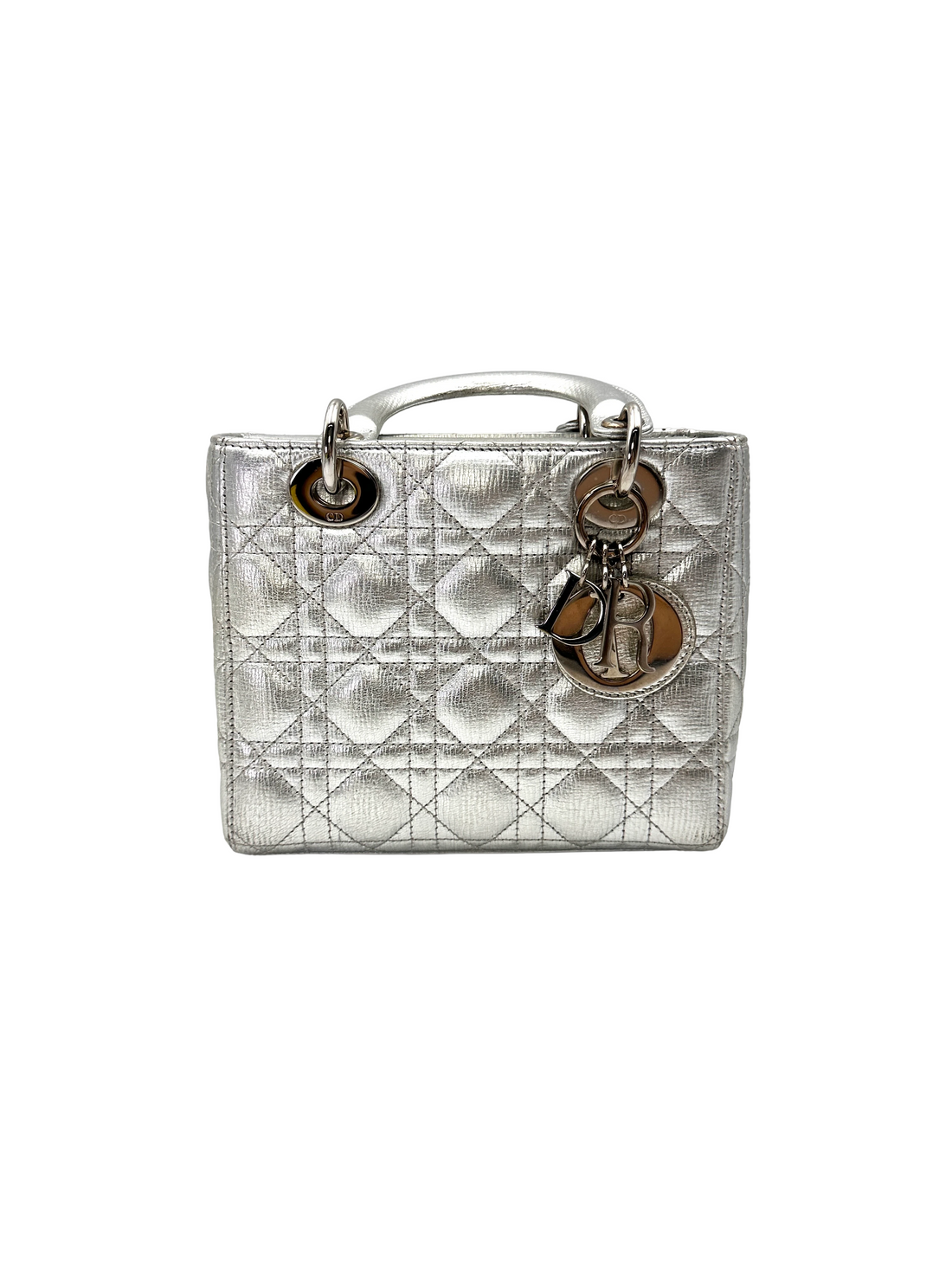 Christian Dior Lady Dior Metallic Silver Leather Handle Bag DR817