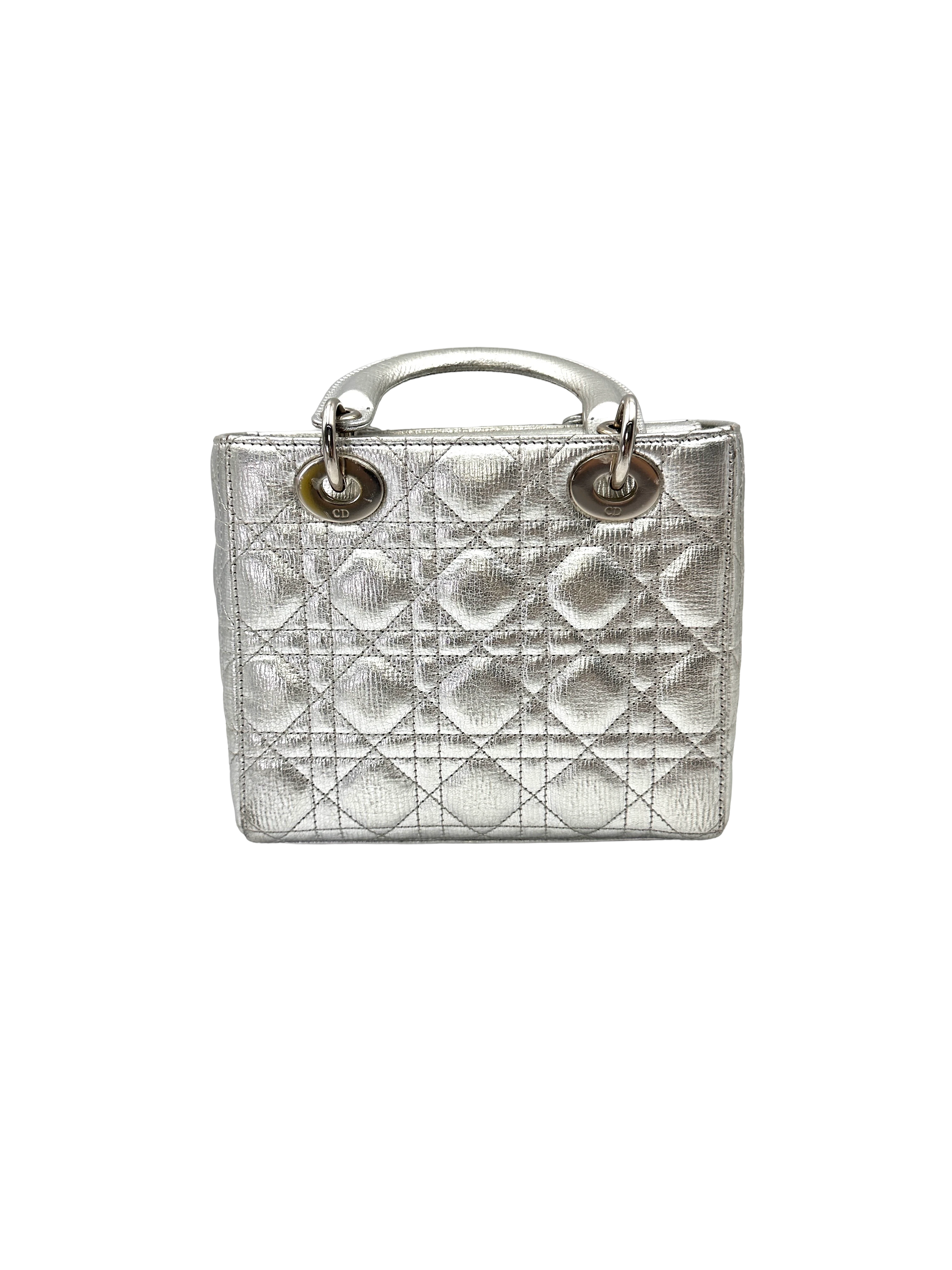 Christian Dior Lady Dior Metallic Silver Leather Handle Bag DR817