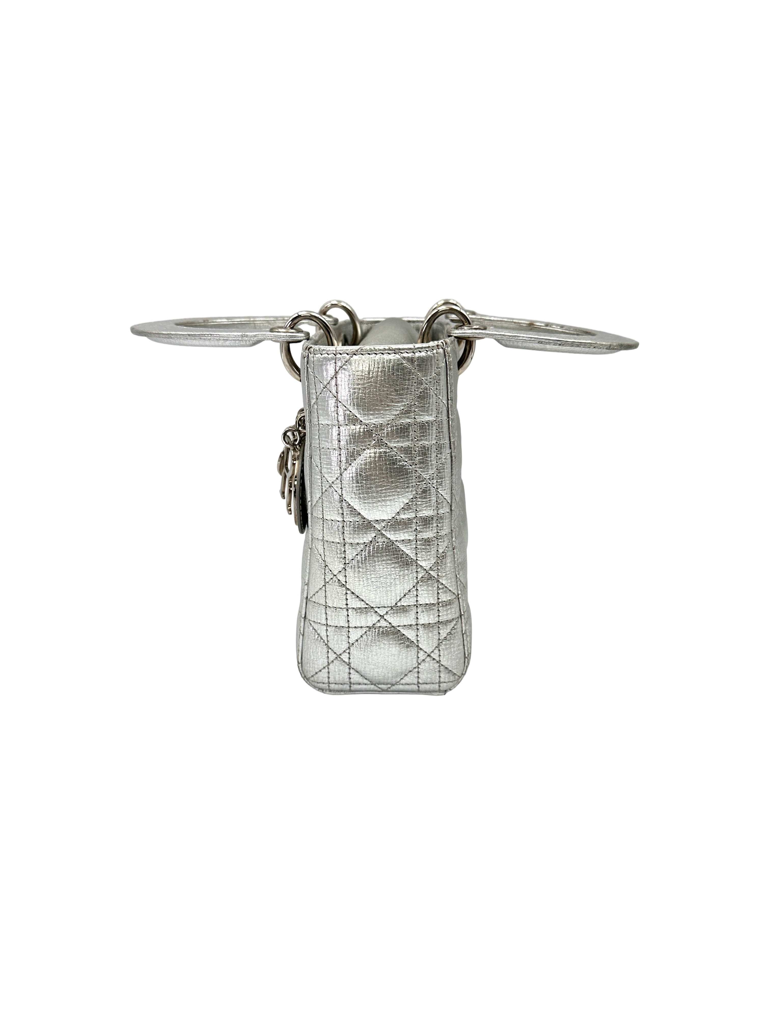 Christian Dior Lady Dior Metallic Silver Leather Handle Bag DR817