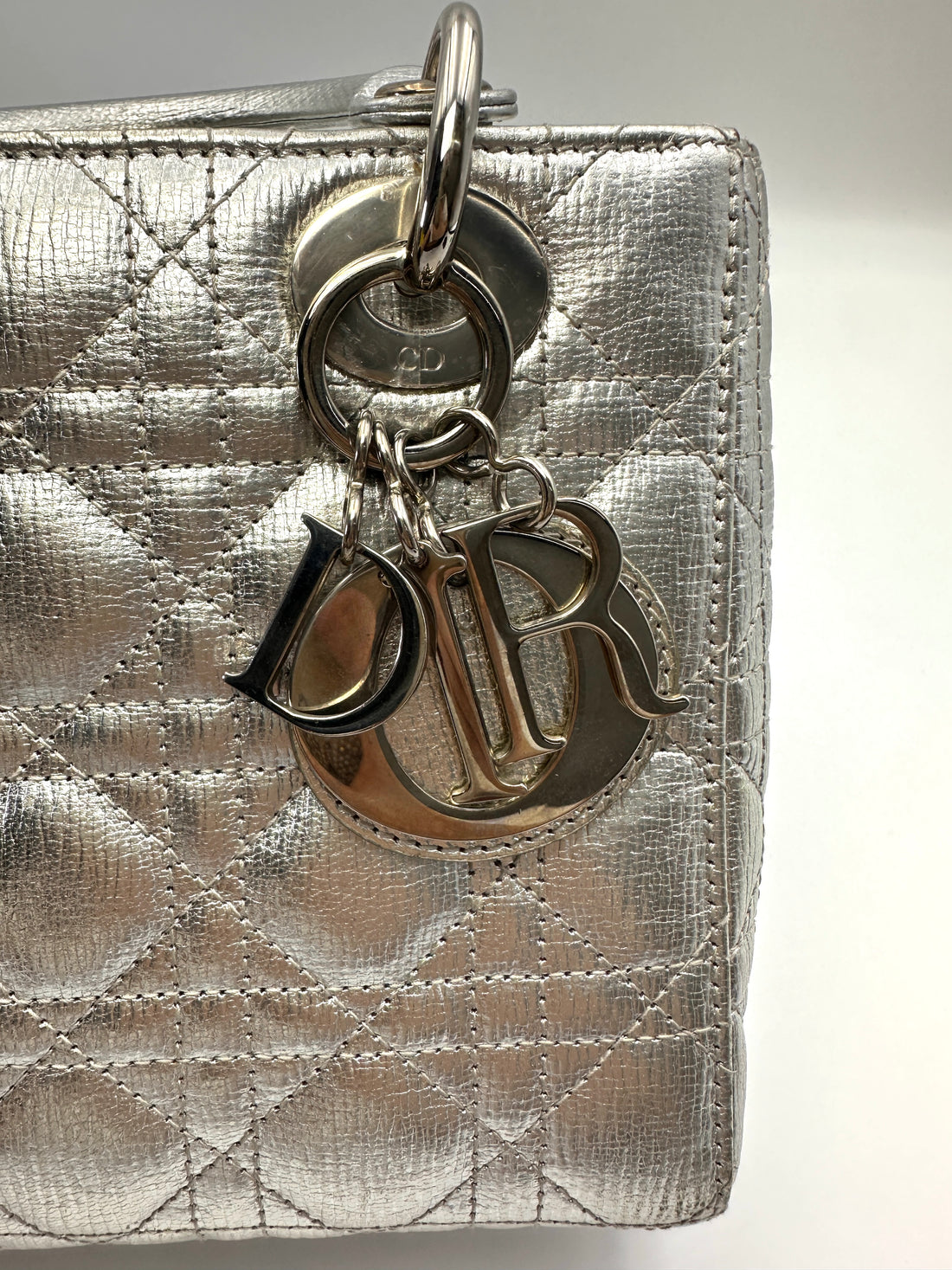 Christian Dior Lady Dior Metallic Silver Leather Handle Bag DR817