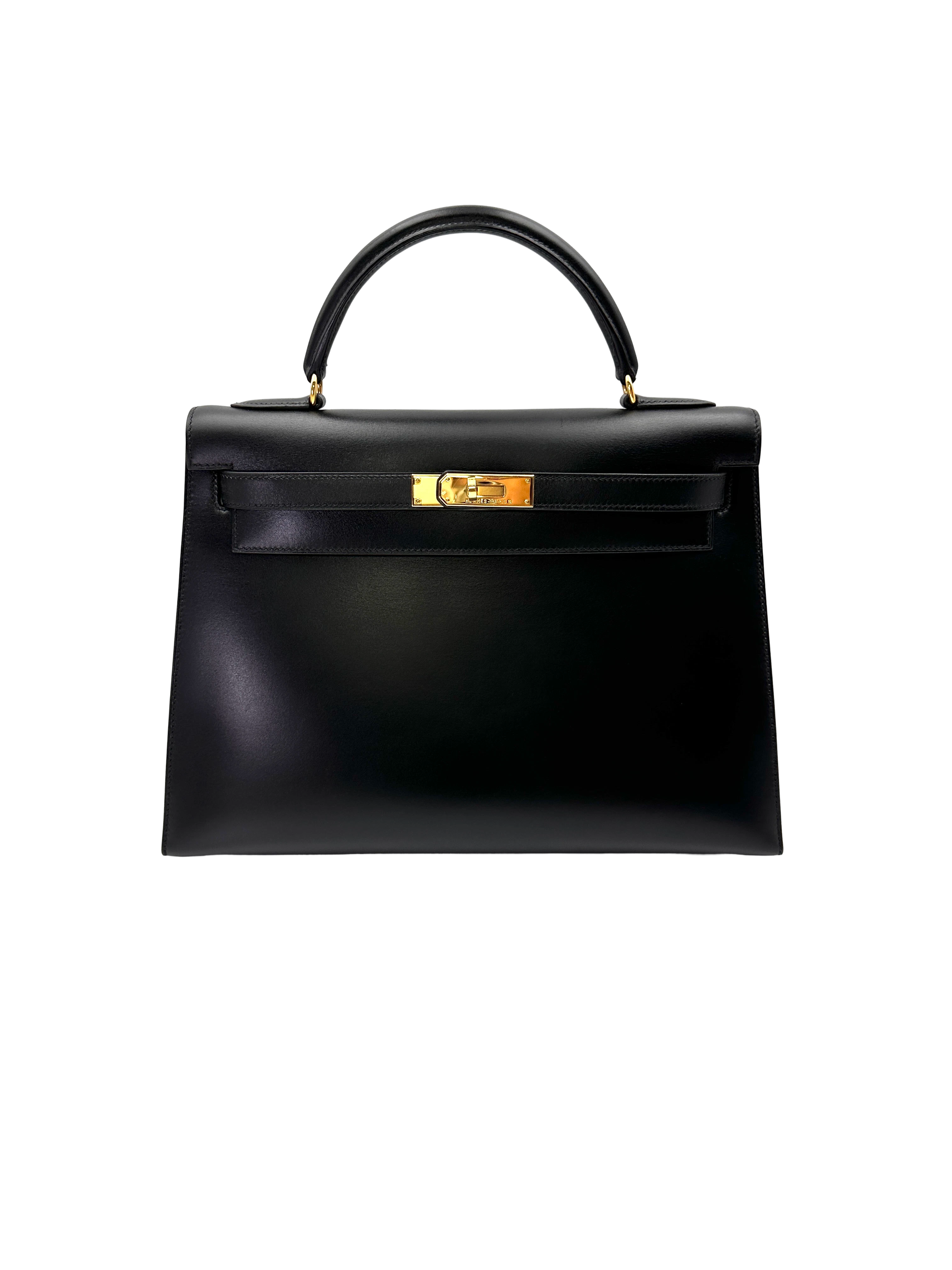 Hermes Kelly32 Black Leather Top Handle Bag With Gold Hardware HR128