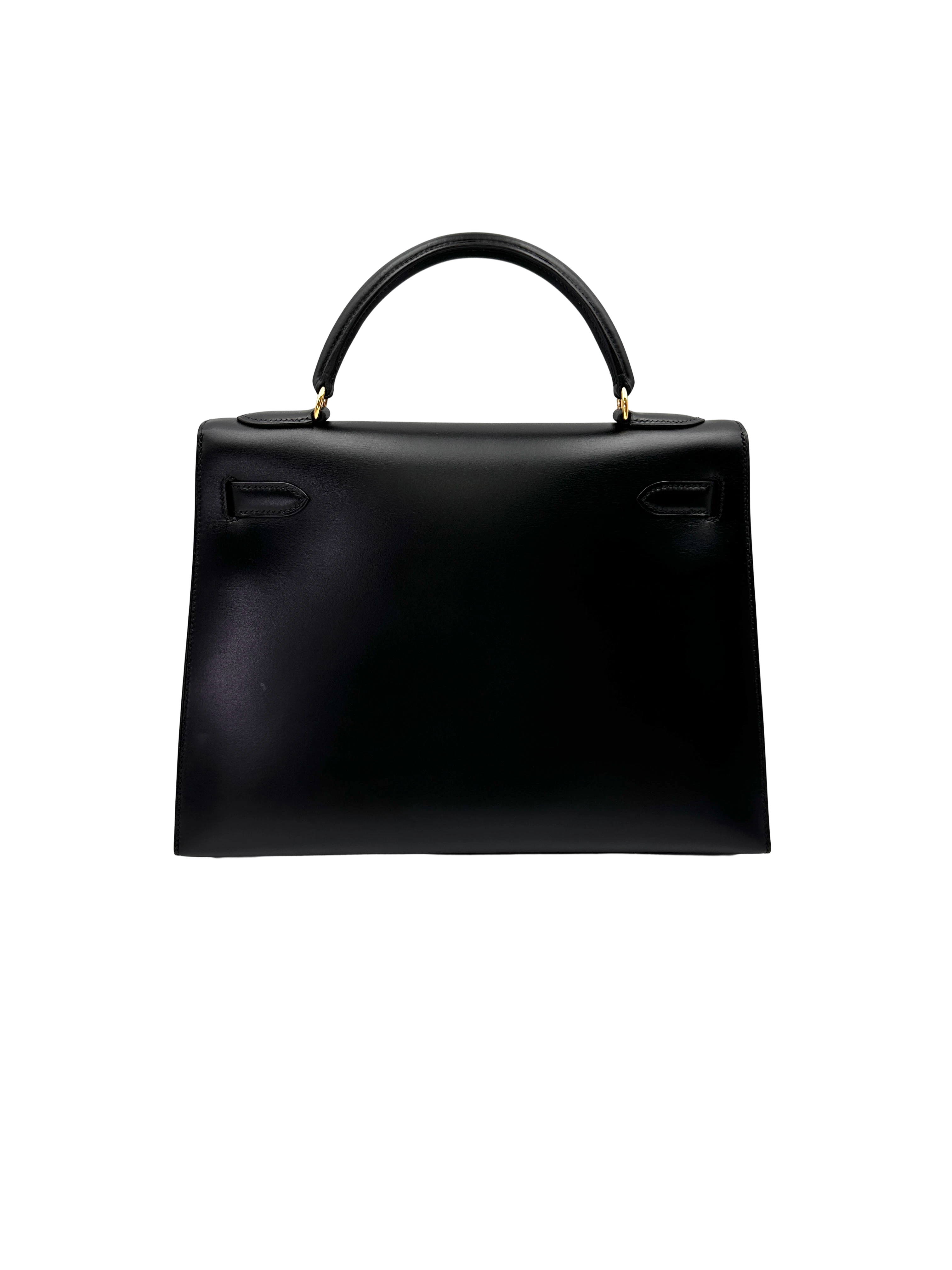 Hermes Kelly32 Black Leather Top Handle Bag With Gold Hardware HR128