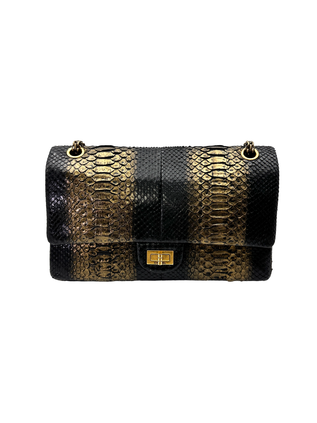 Chanel 2.55 Reissue Gold/Black Python Leather Medium Size Flap Bag(14***71) CC2228