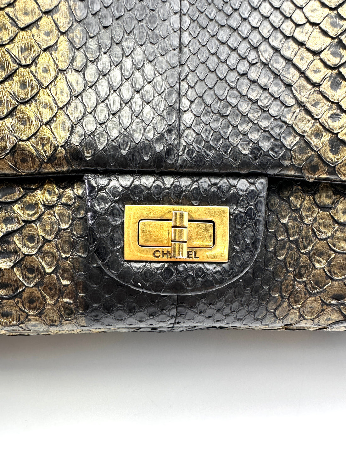 Chanel 2.55 Reissue Gold/Black Python Leather Medium Size Flap Bag(14***71) CC2228