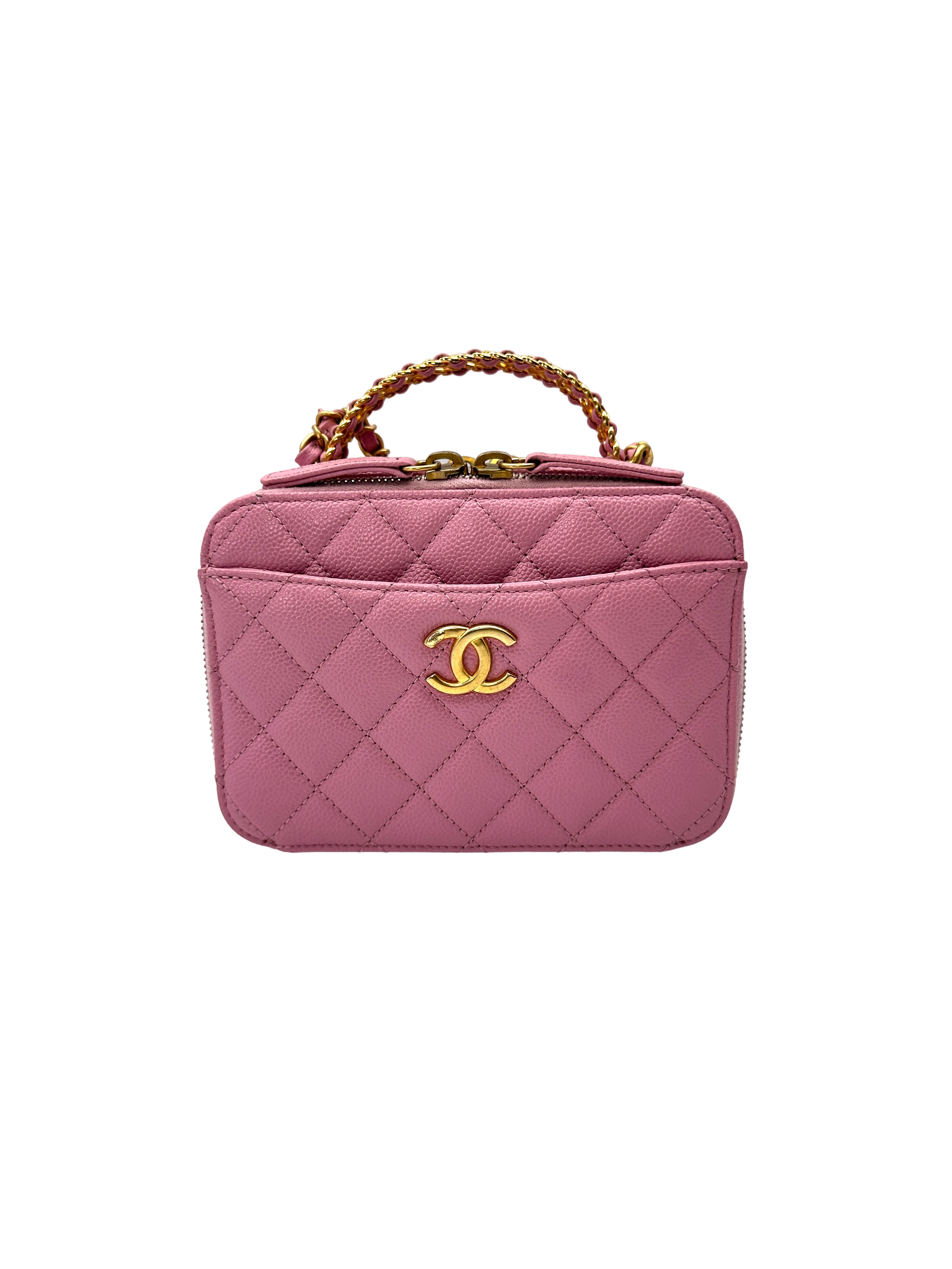 Chanel 22S Pink Quilted Leather Top Handle Vanity Case With Gold Hardware(PG***5G) CC2231
