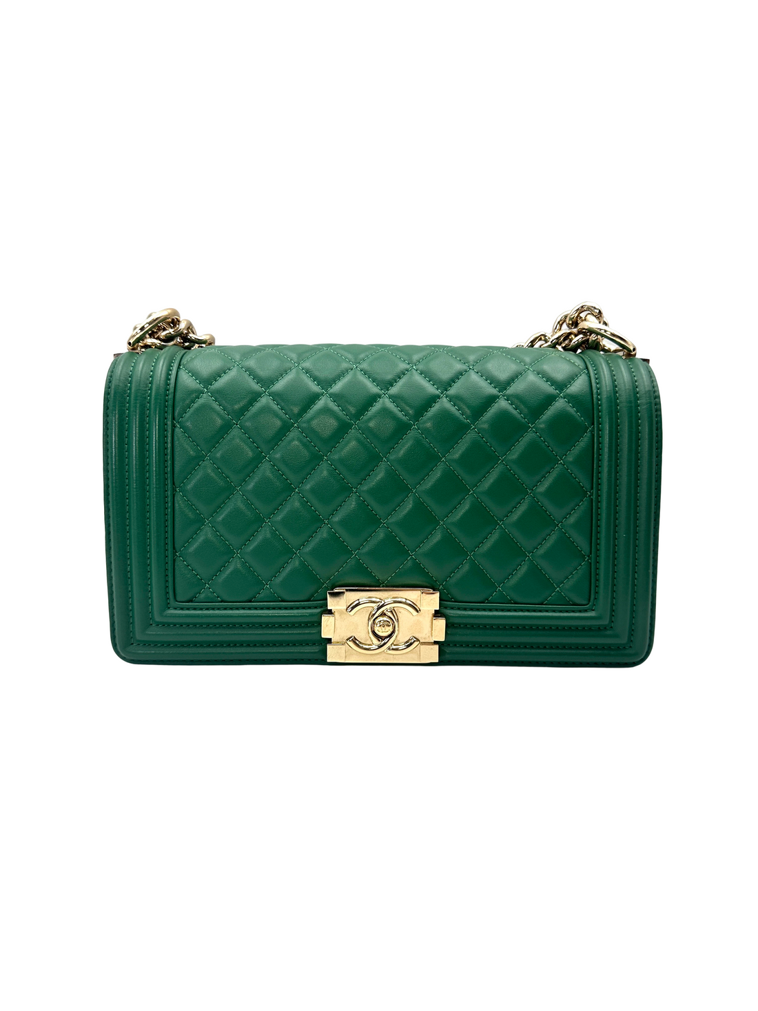 Chanel LeBoy Green Quilted Leather Medium Size Flap Bag With Gold Buckle(25***86) CC2232