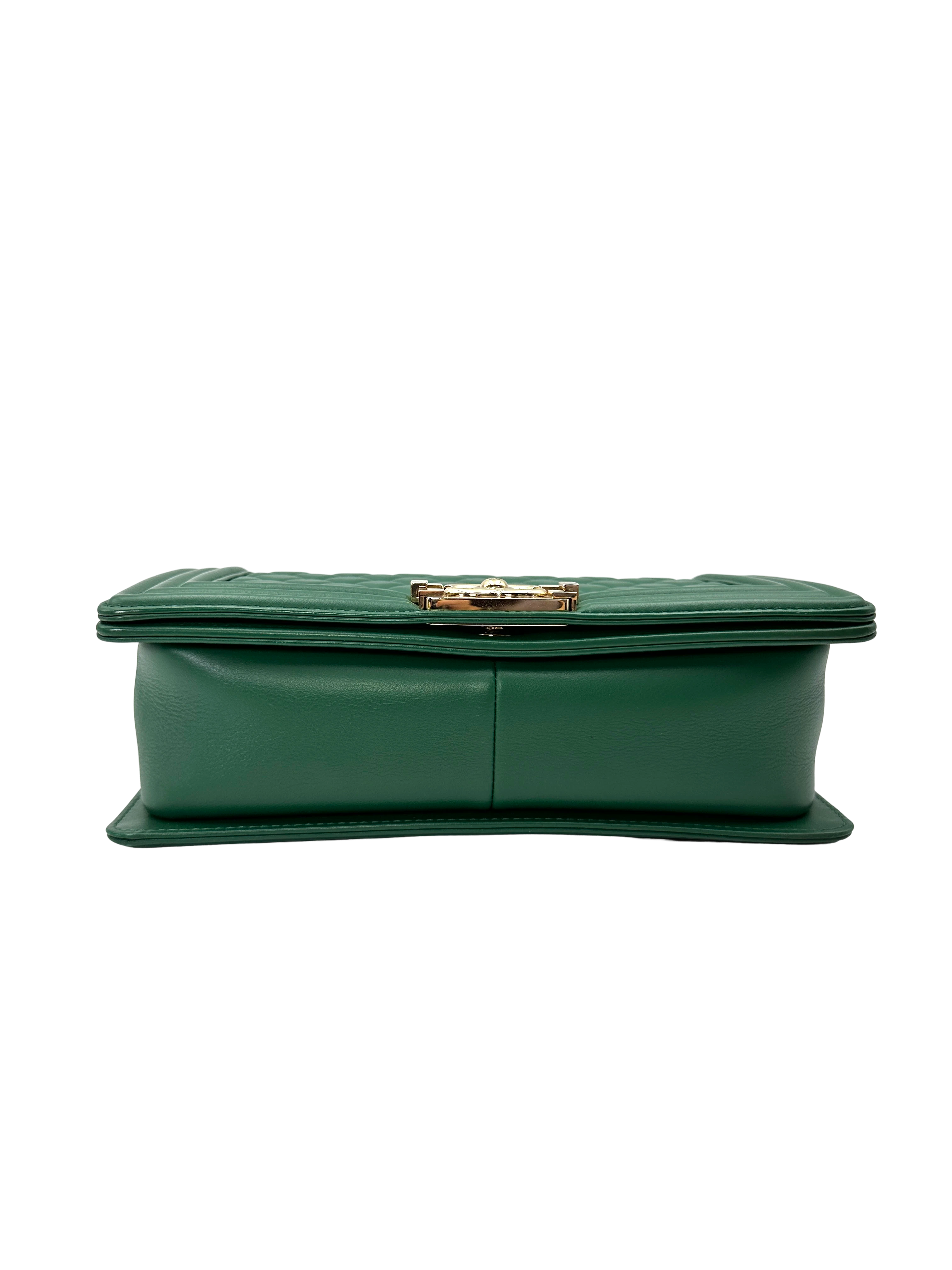 Chanel LeBoy Green Quilted Leather Medium Size Flap Bag With Gold Buckle(25***86) CC2232