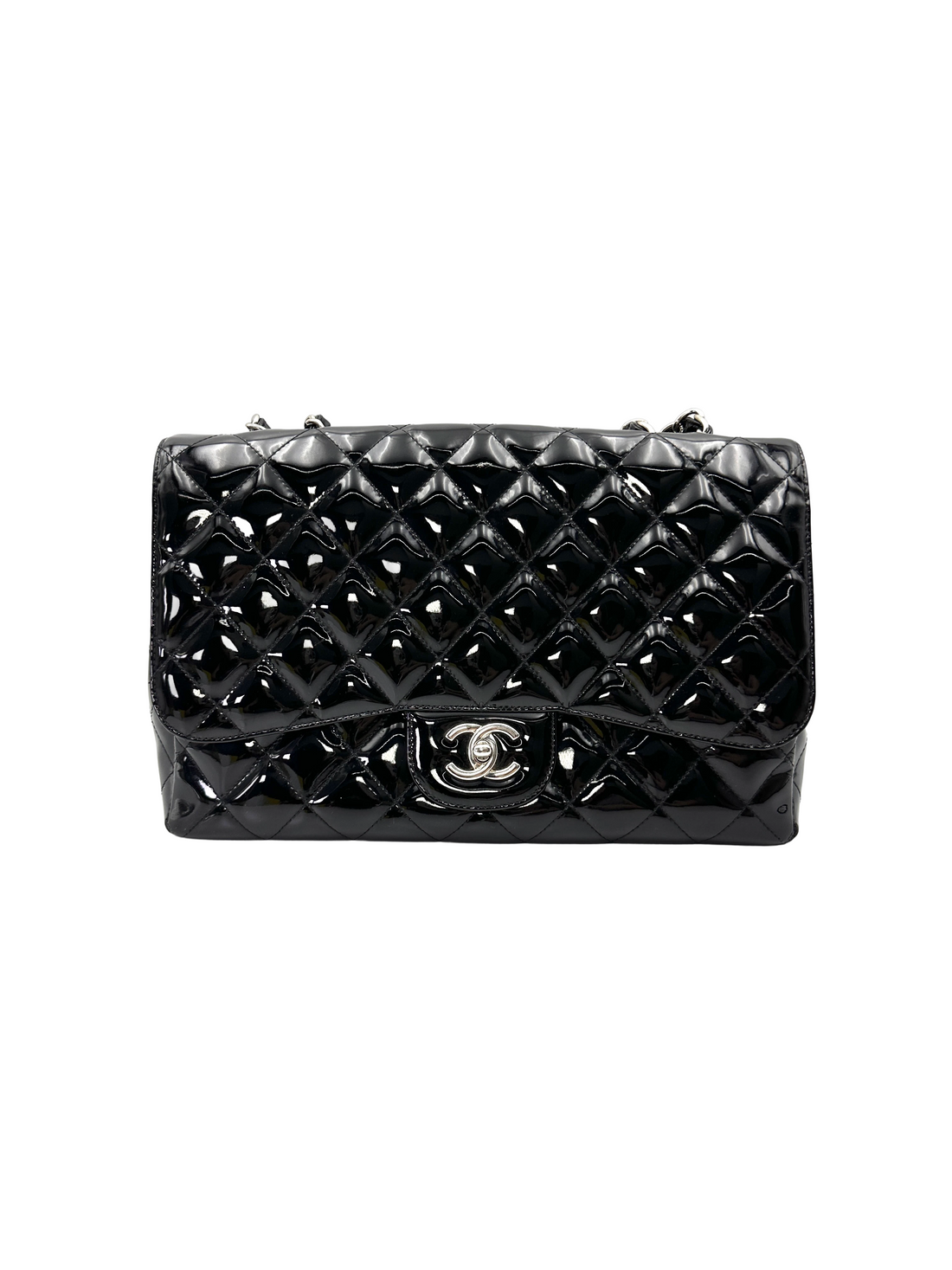 Chanel Classic Flap Black Quilted Patent Leather Jumbo Shoulder Bag With Silver Buckle(13***16) CC2235