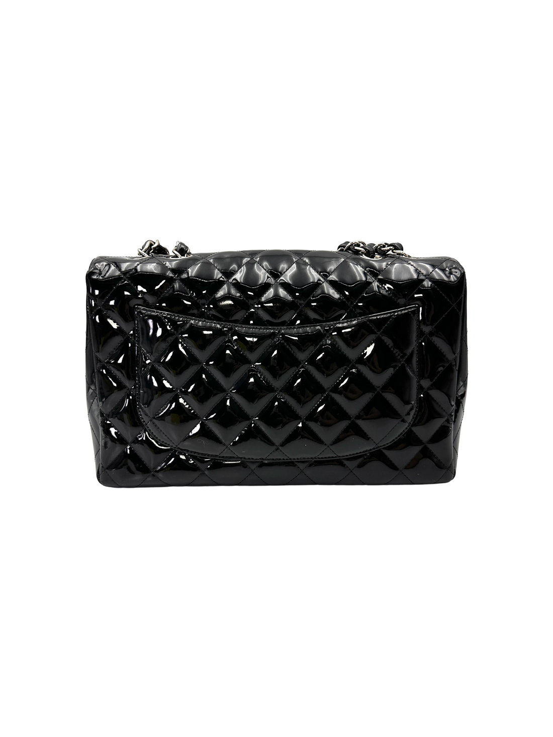 Chanel Classic Flap Black Quilted Patent Leather Jumbo Shoulder Bag With Silver Buckle(13***16) CC2235
