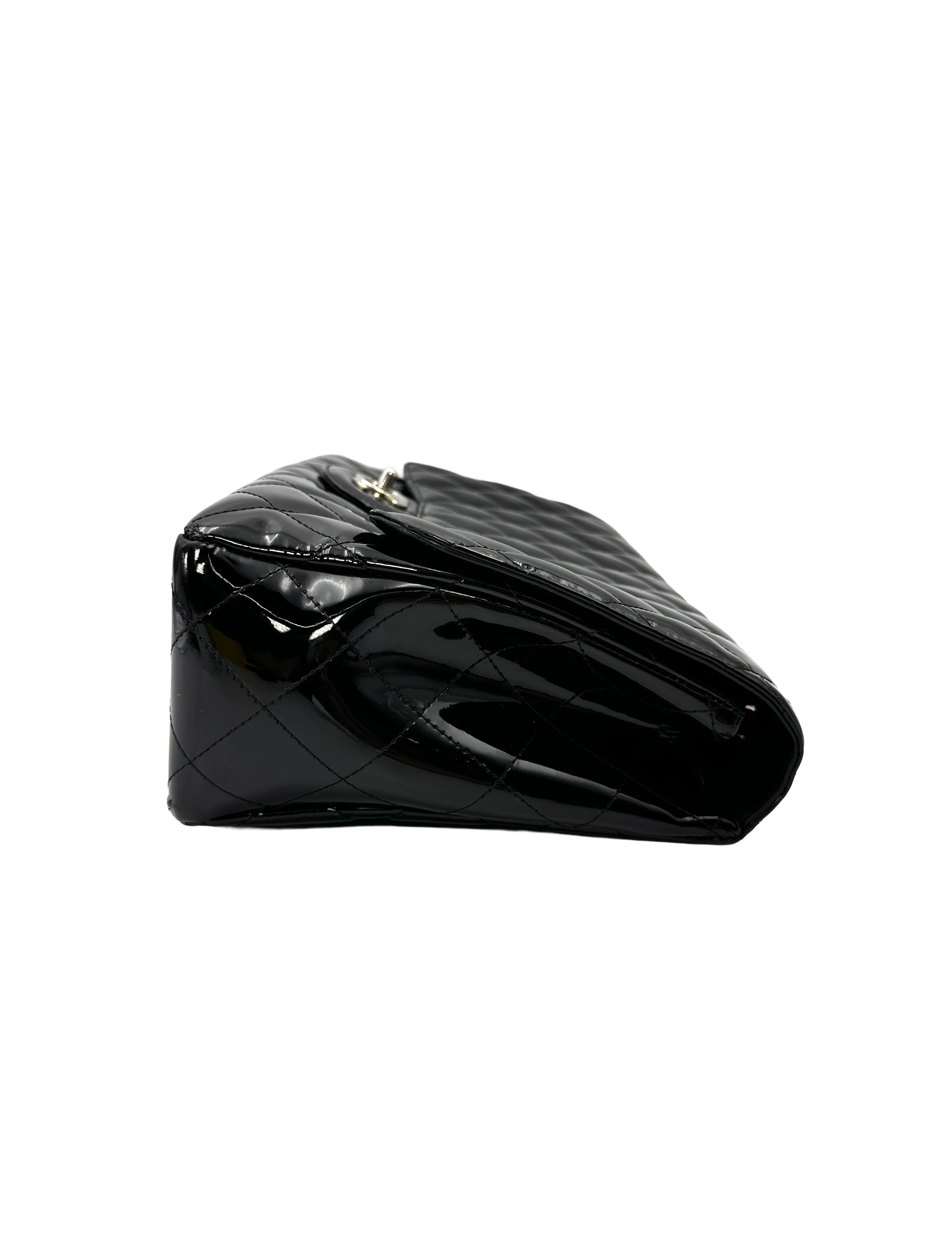 Chanel Classic Flap Black Quilted Patent Leather Jumbo Shoulder Bag With Silver Buckle(13***16) CC2235