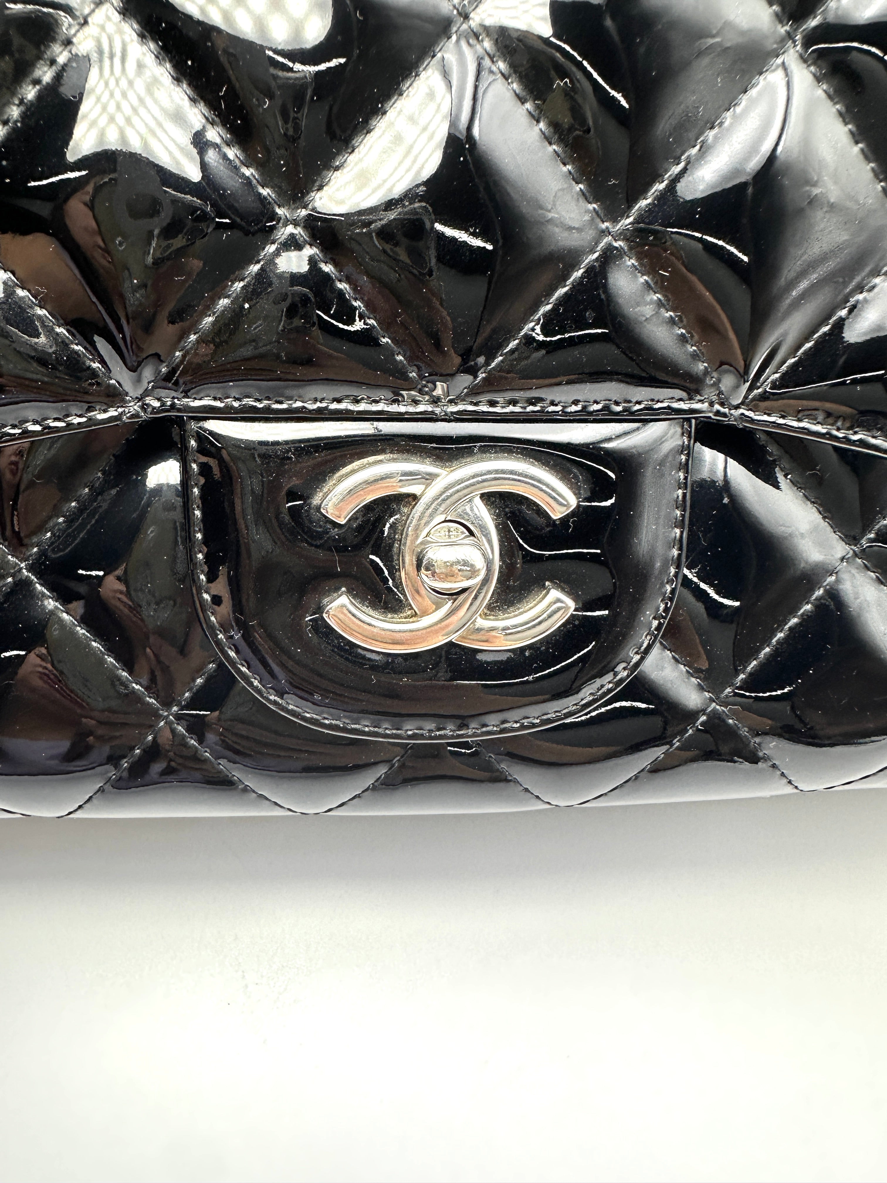 Chanel Classic Flap Black Quilted Patent Leather Jumbo Shoulder Bag With Silver Buckle(13***16) CC2235