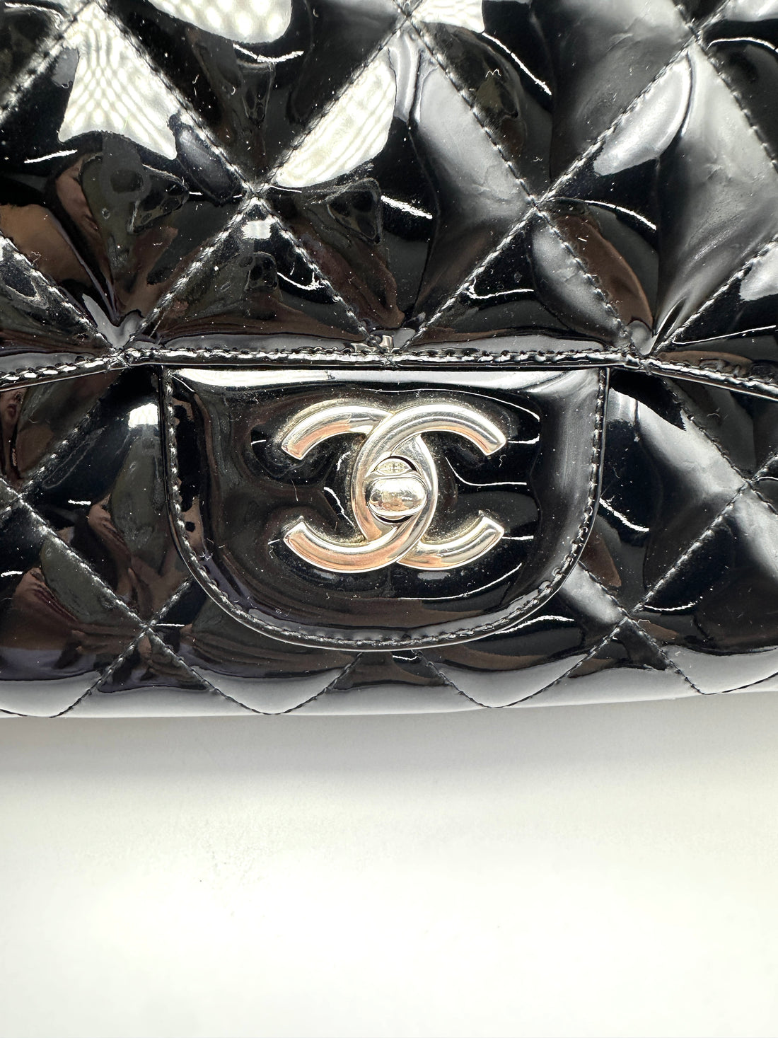 Chanel Classic Flap Black Quilted Patent Leather Jumbo Shoulder Bag With Silver Buckle(13***16) CC2235