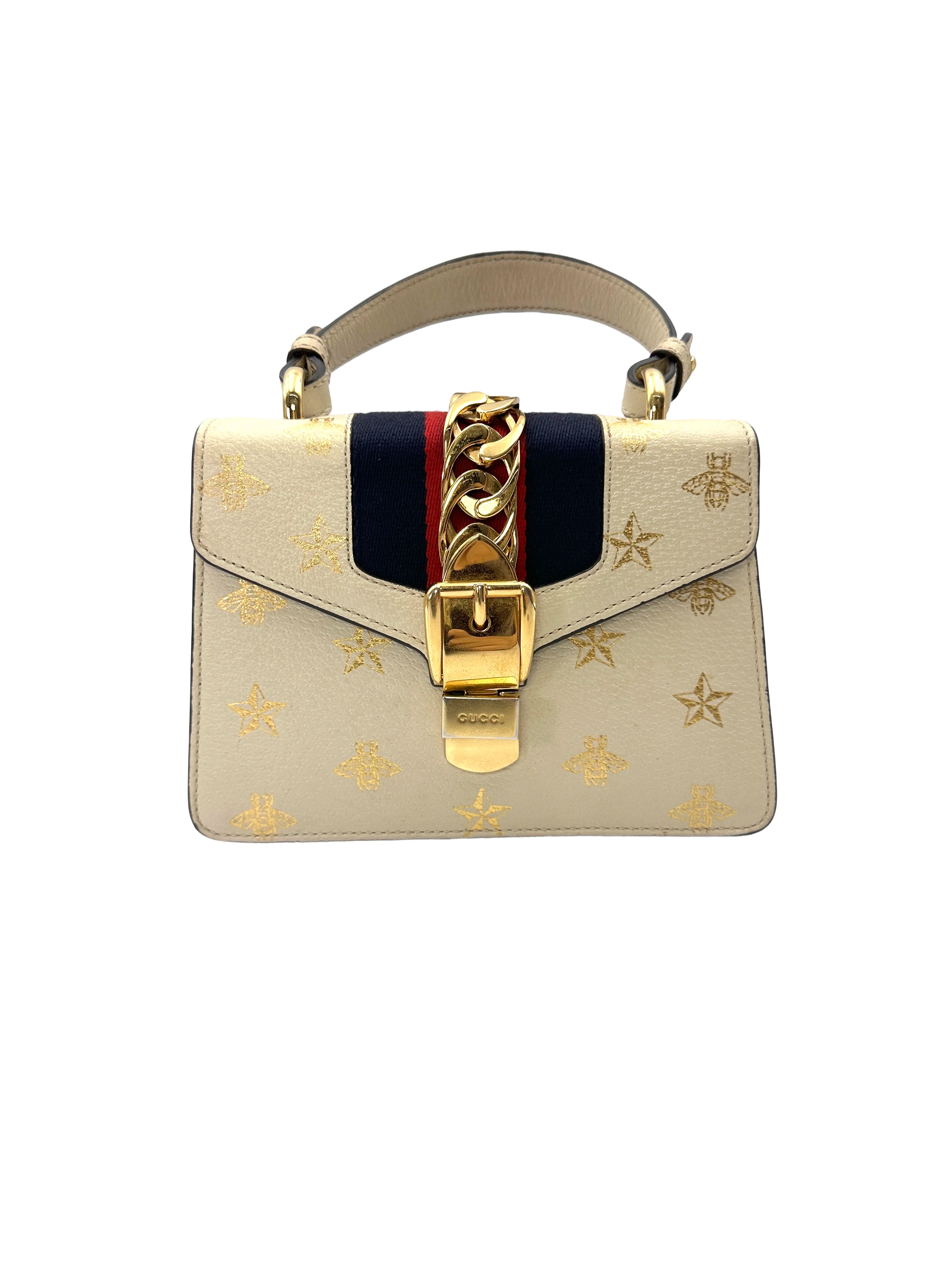Gucci Sylvie Bee Star White Leather Small Size Shoulder Bag GG1359