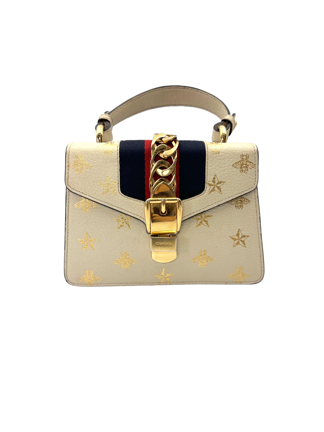 Gucci Sylvie Bee Star White Leather Small Size Shoulder Bag GG1359