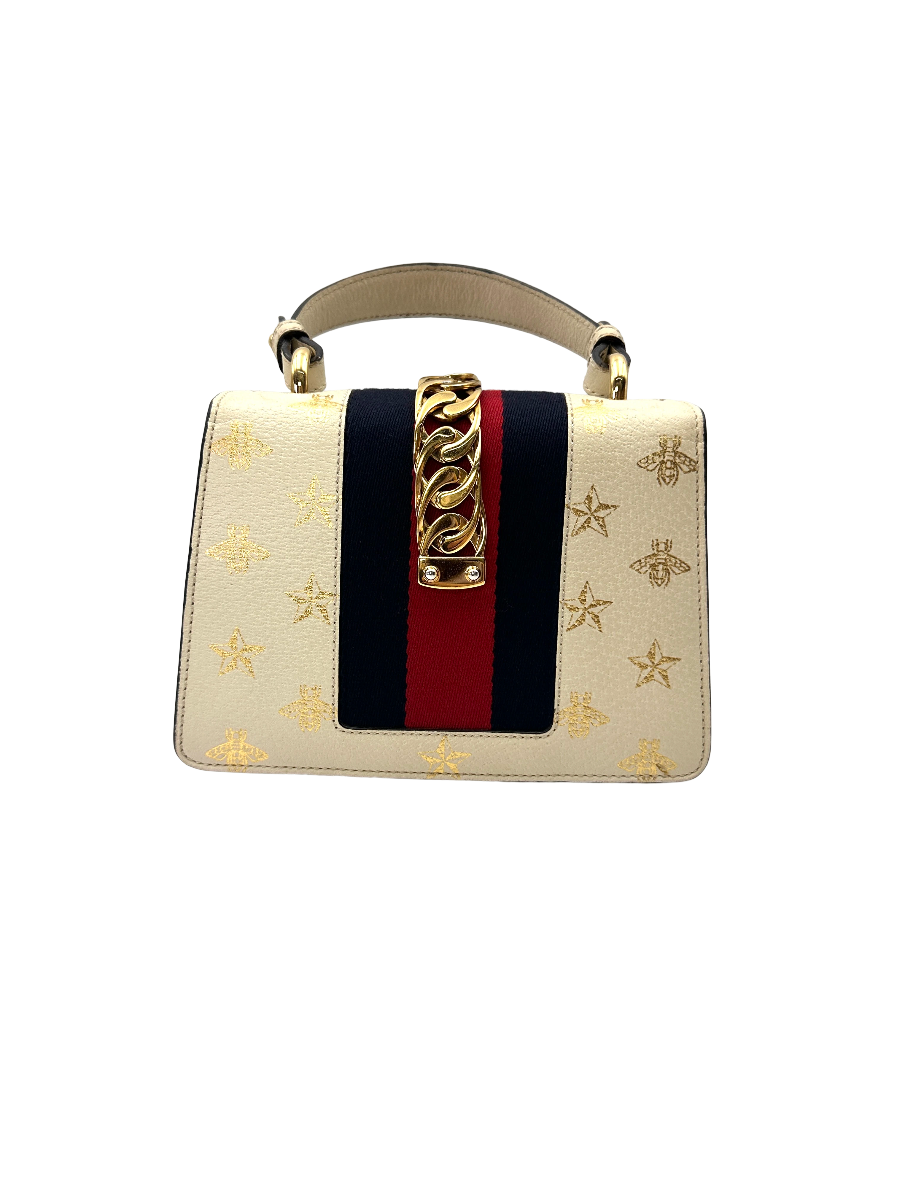 Gucci Sylvie Bee Star White Leather Small Size Shoulder Bag GG1359