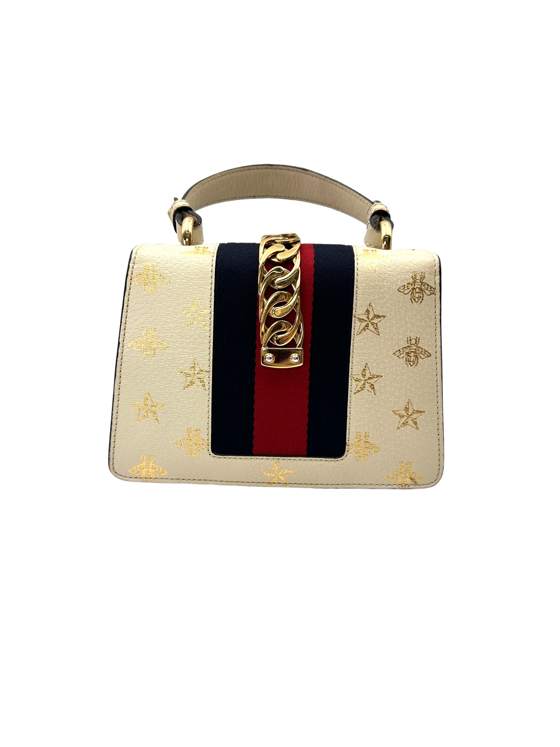 Gucci Sylvie Bee Star White Leather Small Size Shoulder Bag GG1359