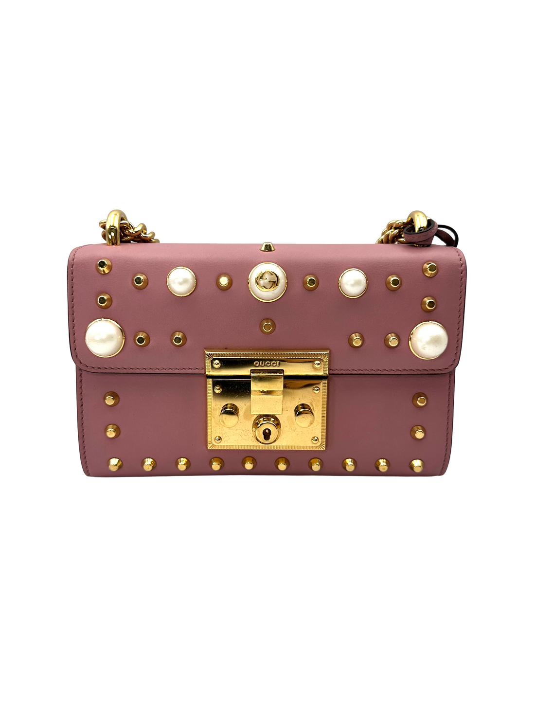 Gucci Padlock PInk Pearl Studded Leather Chain Bag With Gold Hardware GG1360