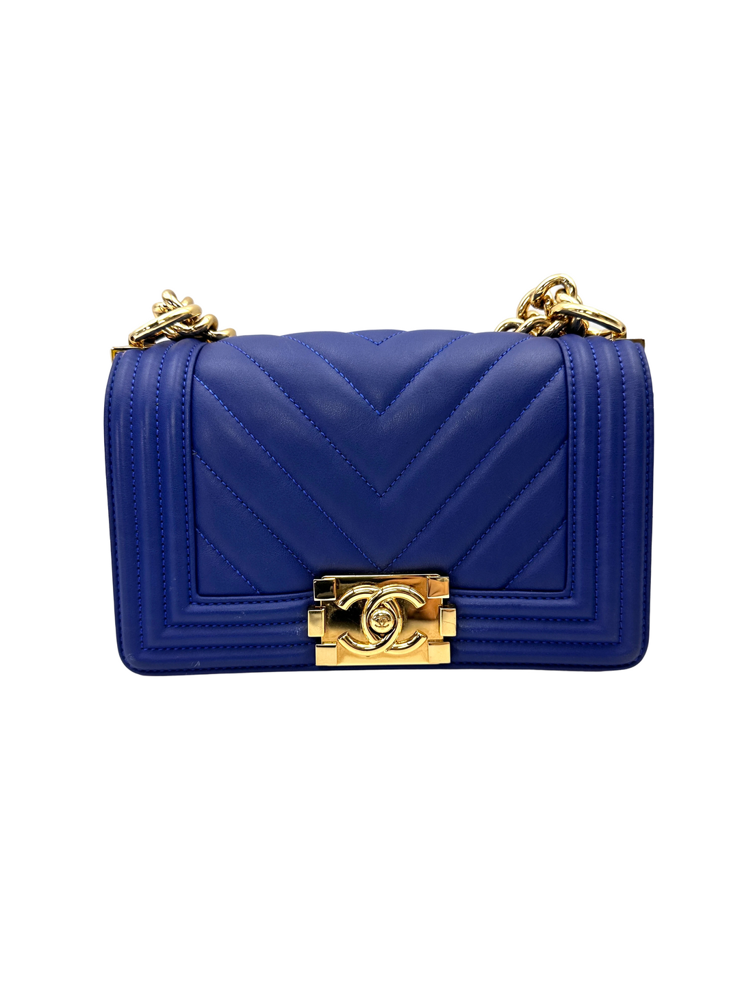 Chanel LeBoy Blue Chevron Quilted Leather Small Size Flap Bag With Gold Buckle(28***17) CC2239