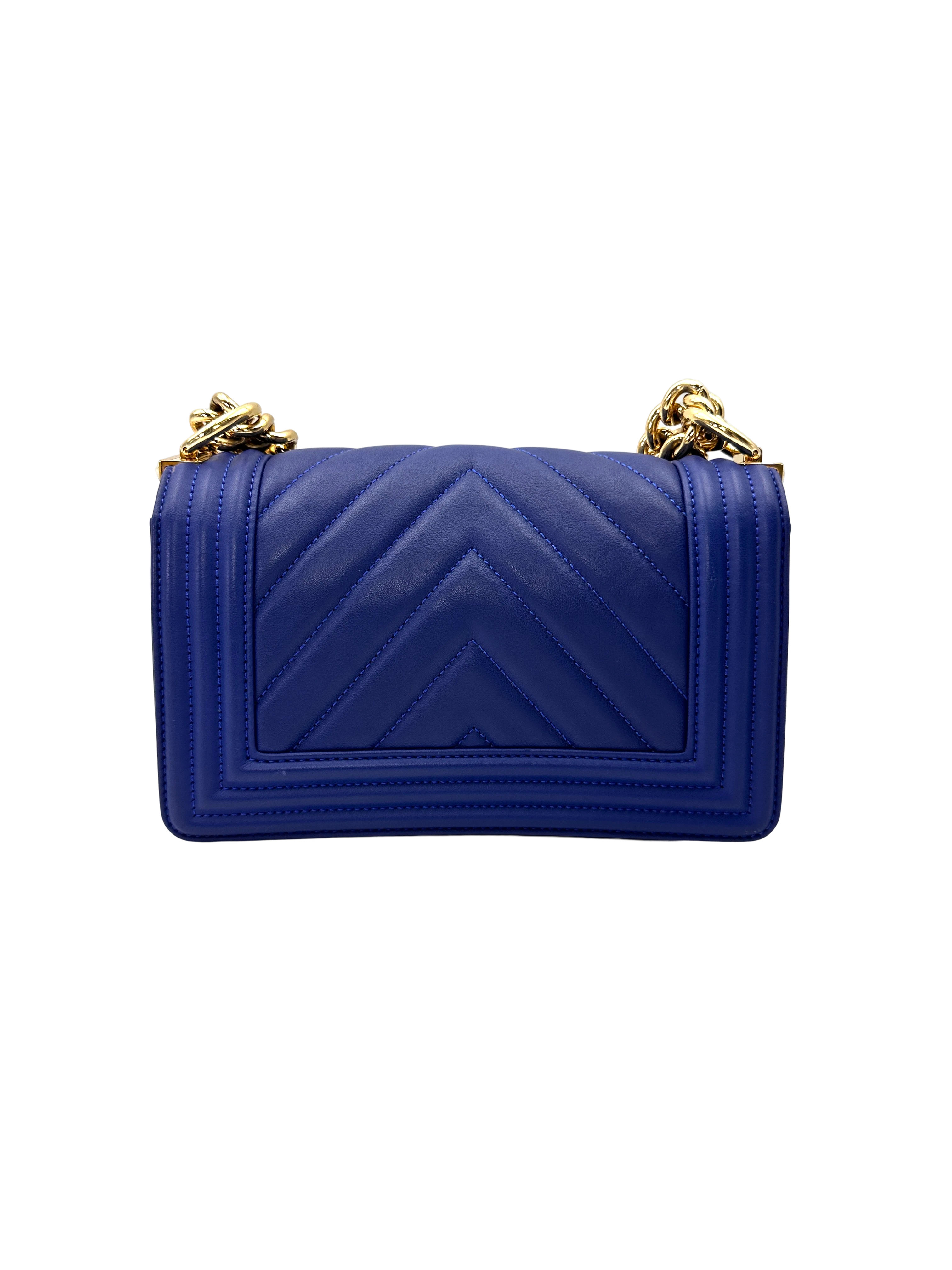 Chanel LeBoy Blue Chevron Quilted Leather Small Size Flap Bag With Gold Buckle(28***17) CC2239