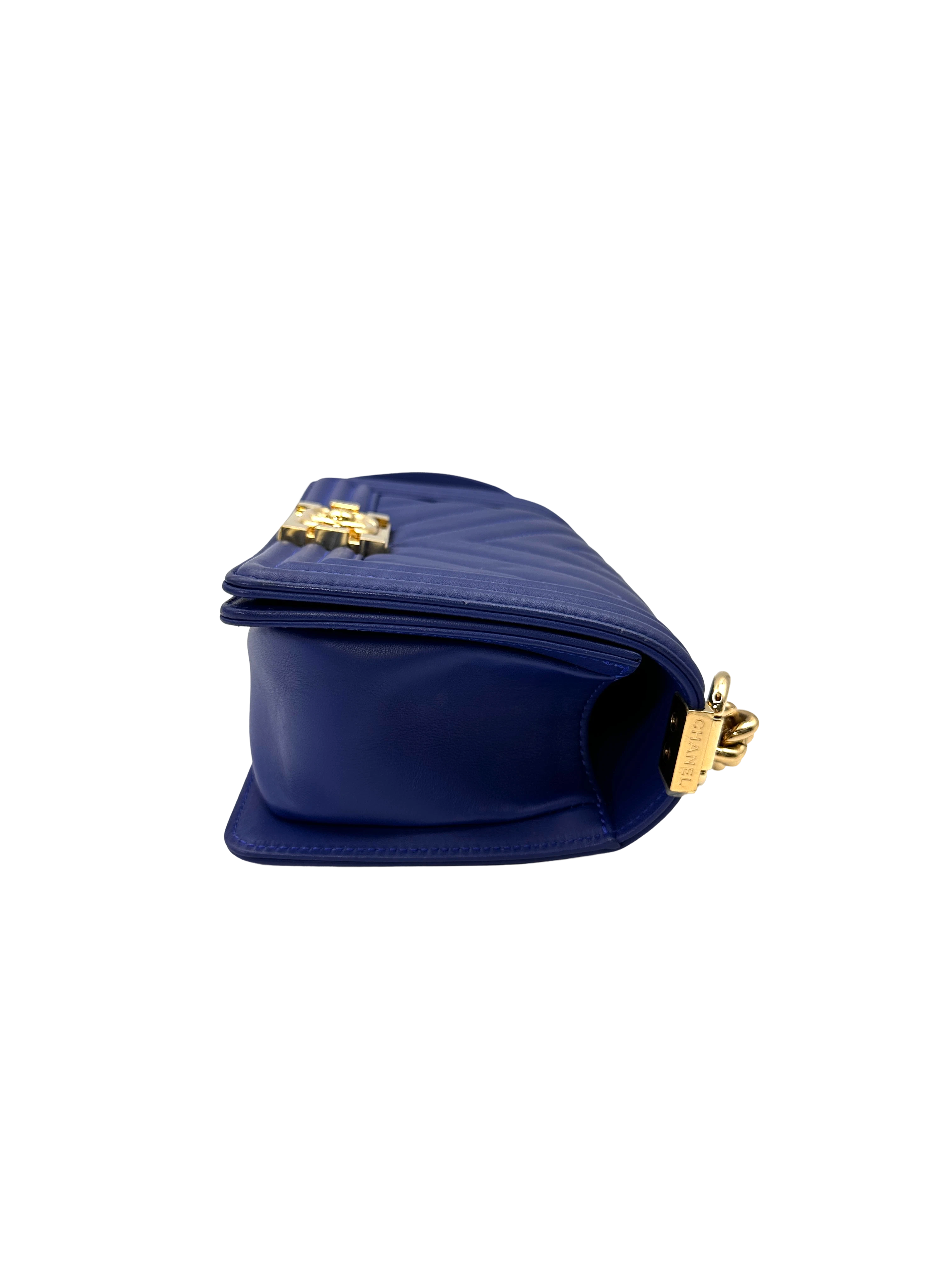 Chanel LeBoy Blue Chevron Quilted Leather Small Size Flap Bag With Gold Buckle(28***17) CC2239