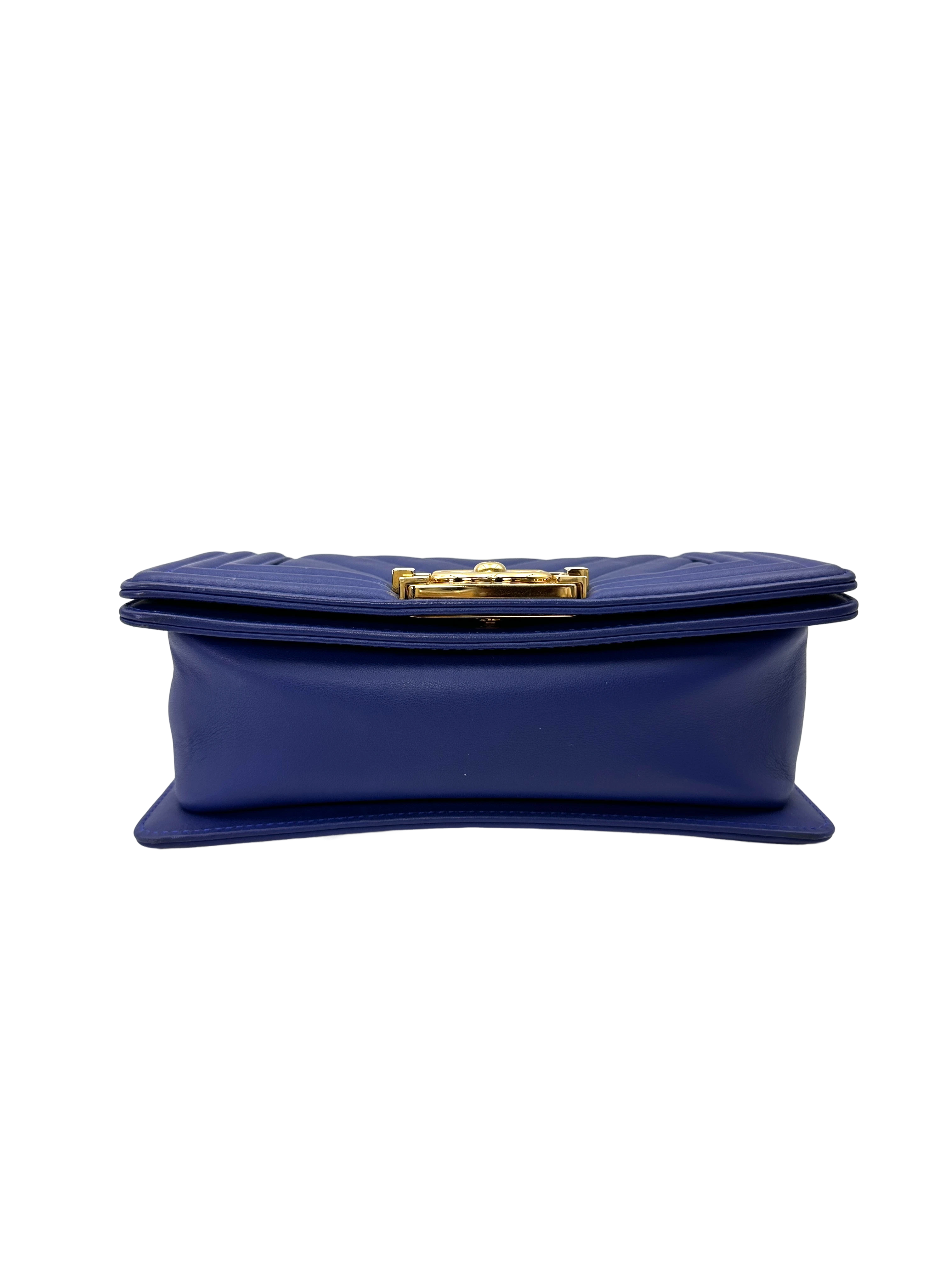 Chanel LeBoy Blue Chevron Quilted Leather Small Size Flap Bag With Gold Buckle(28***17) CC2239