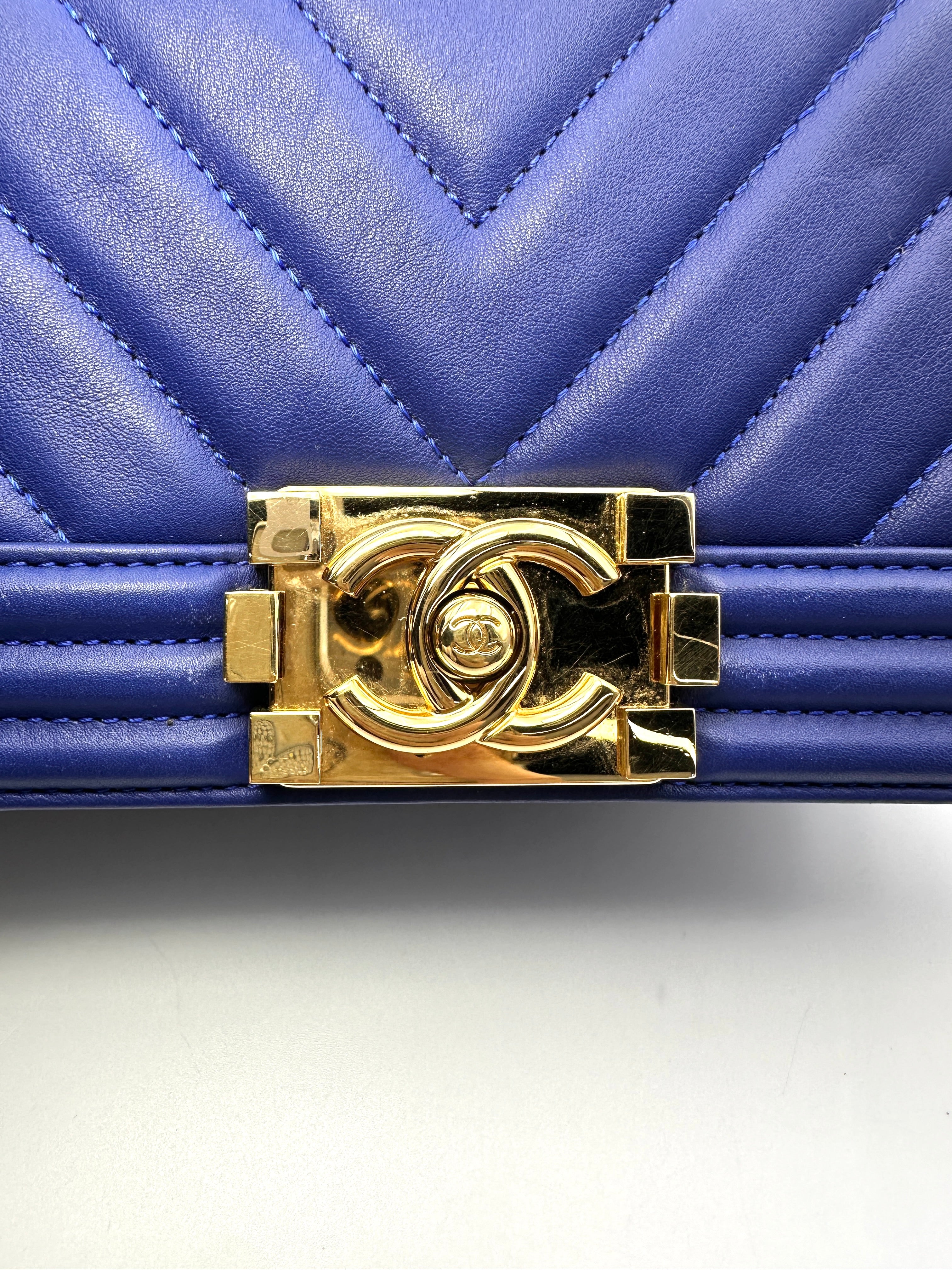 Chanel LeBoy Blue Chevron Quilted Leather Small Size Flap Bag With Gold Buckle(28***17) CC2239