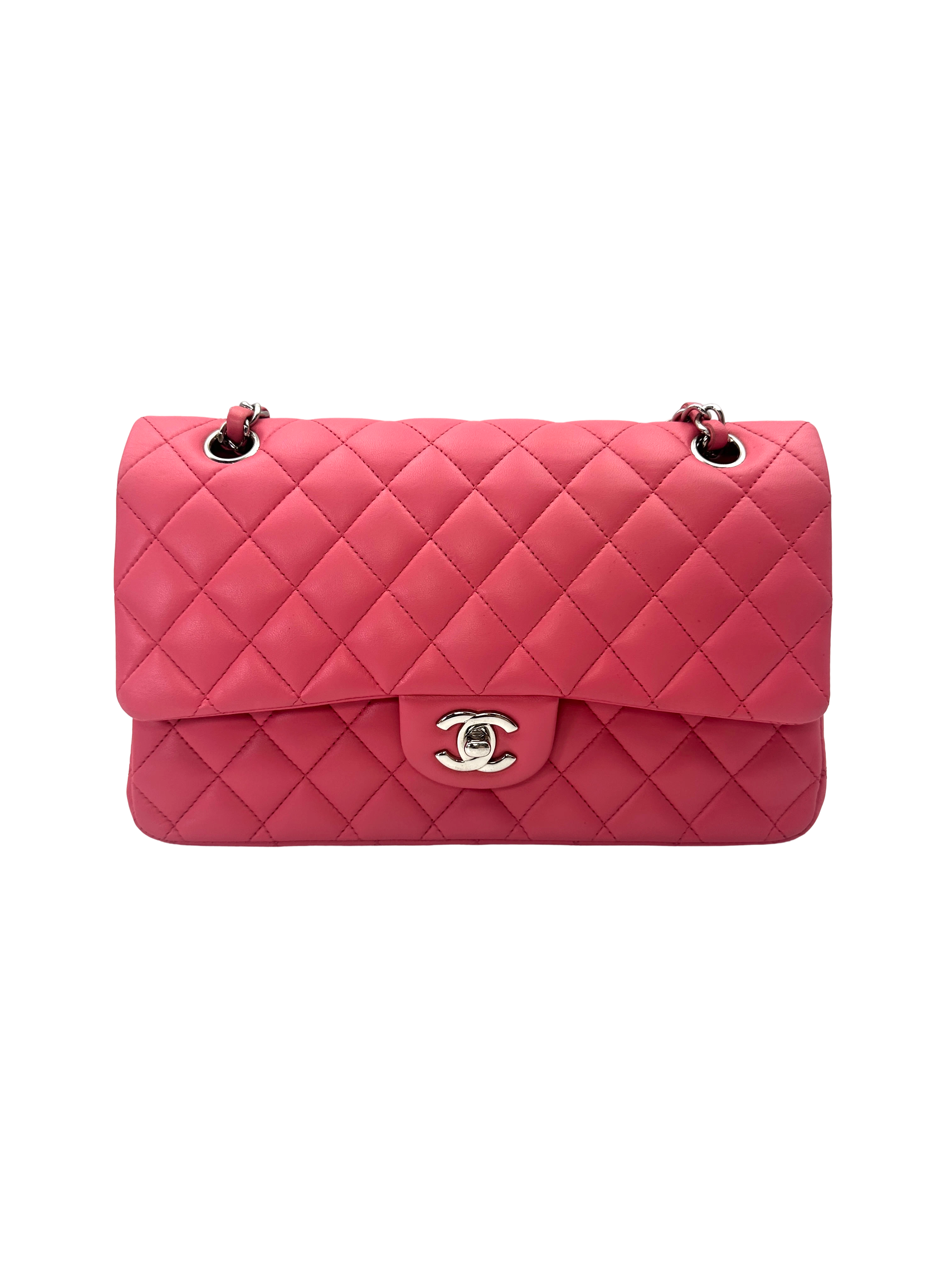 Chanel Classic Flap Pink Quilted Lambskin Medium Size Shoulder Bag With Silver Buckle(16***03) CC2243