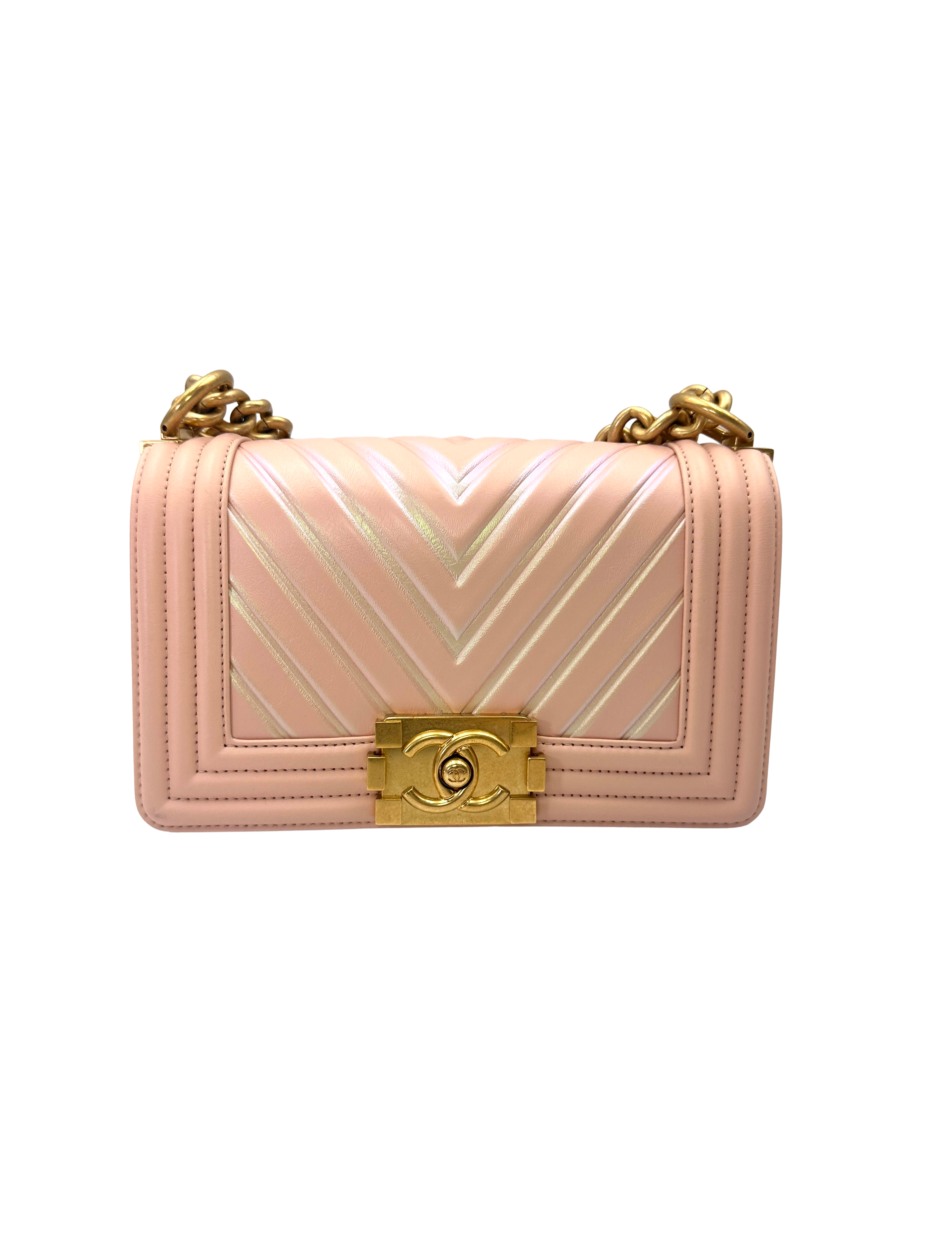 Chanel LeBoy Pink Chevron Quilted Leather Small Size Flap Bag With Gold Buckle(24***10) CC2245