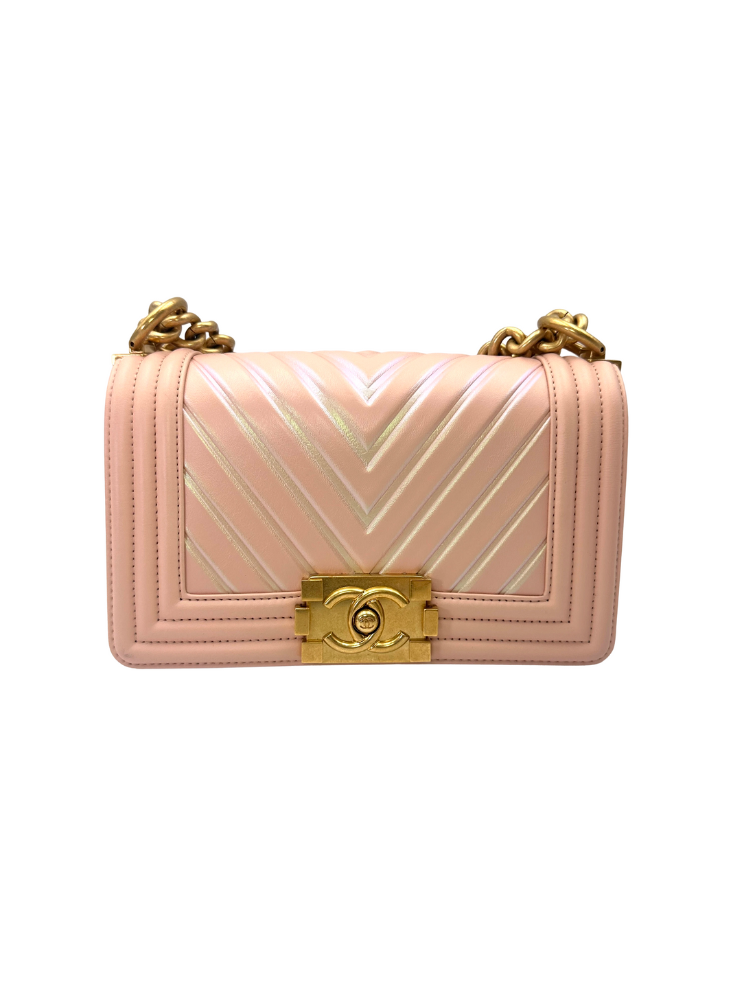 Chanel LeBoy Pink Chevron Quilted Leather Small Size Flap Bag With Gold Buckle(24***10) CC2245