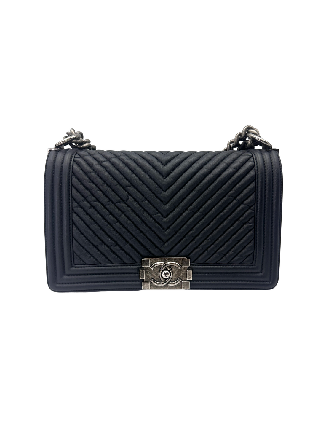 Chanel LeBoy Black Chevron Quilted Leather Medium Size Flap Bag With Silver Buckle(20***52) CC2246