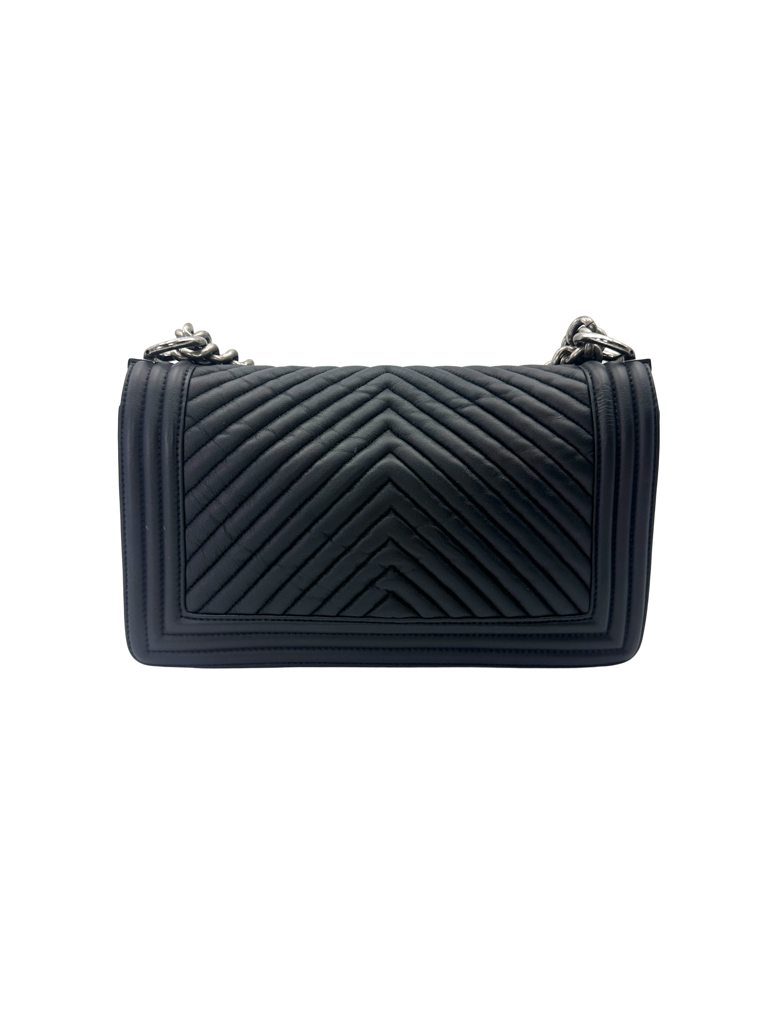 Chanel LeBoy Black Chevron Quilted Leather Medium Size Flap Bag With Silver Buckle(20***52) CC2246