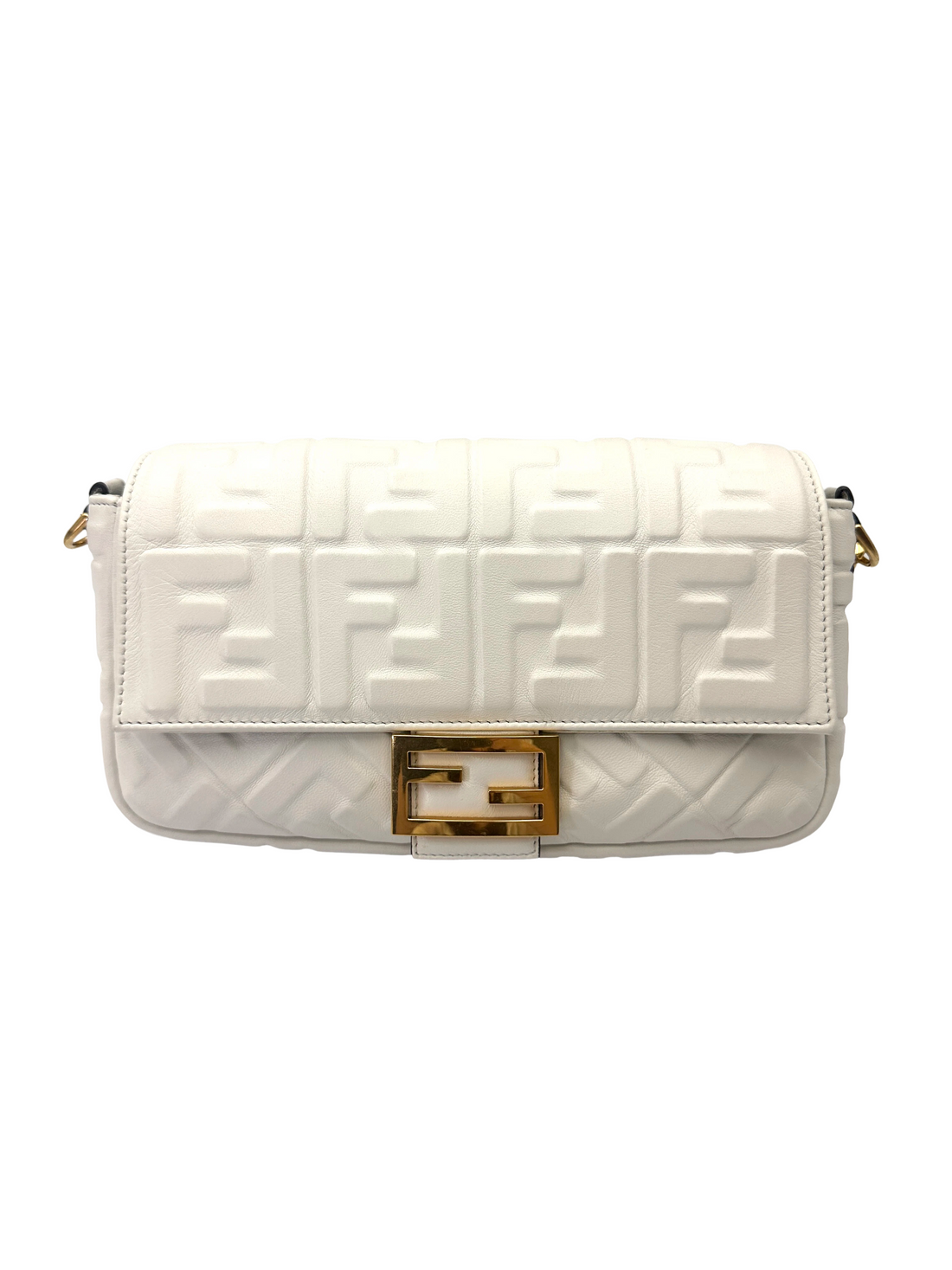 Fendi Baguette White FF Embossed Leather Shoulder Bag FF126