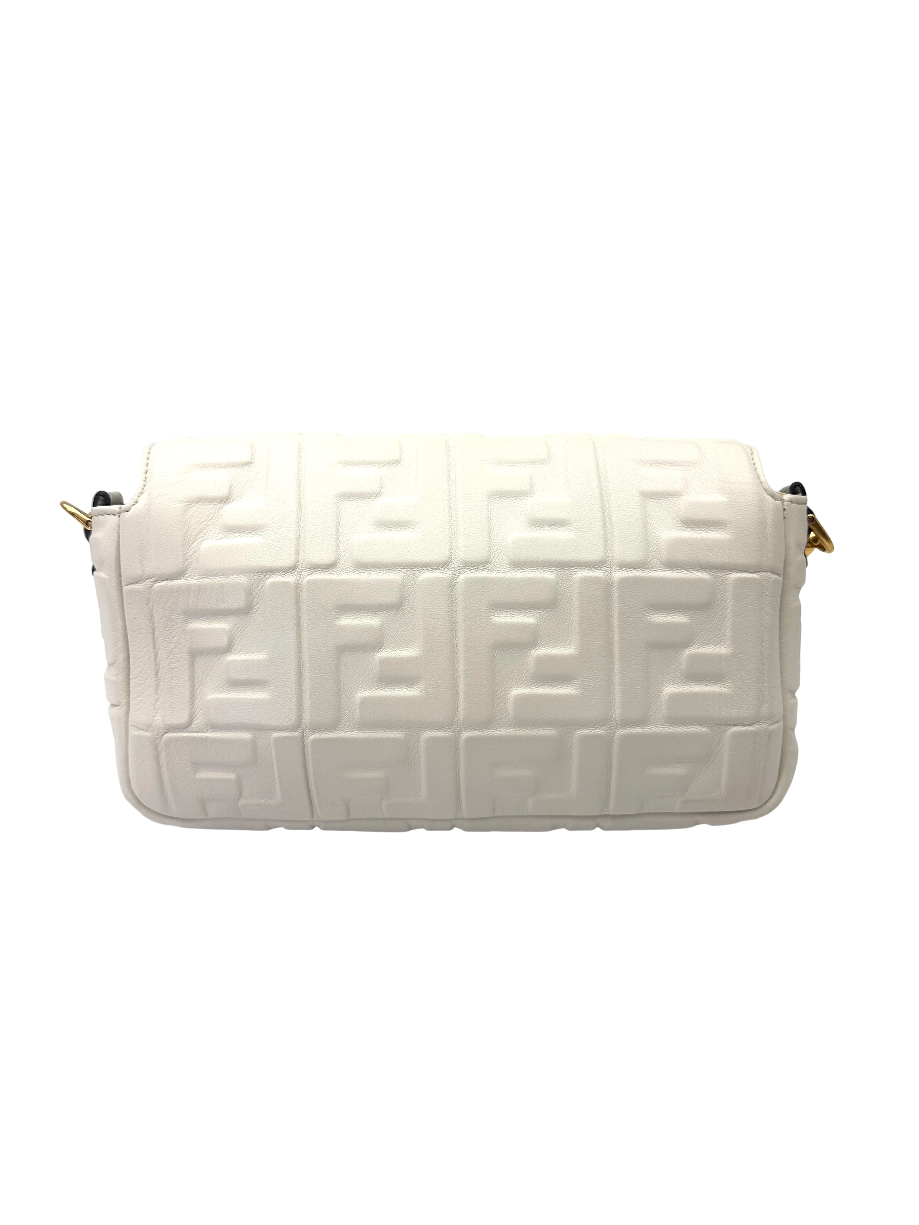 Fendi Baguette White FF Embossed Leather Shoulder Bag FF126