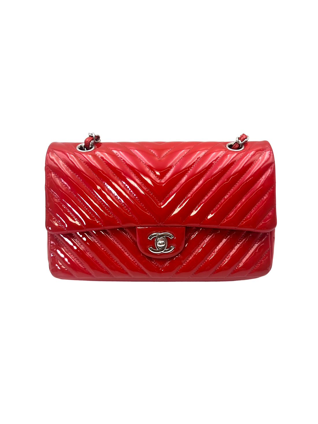 Chanel Classic Flap Red Chevron Quilted Patent Leather Shoulder Bag With Silver Buckle(21***27) CC2249