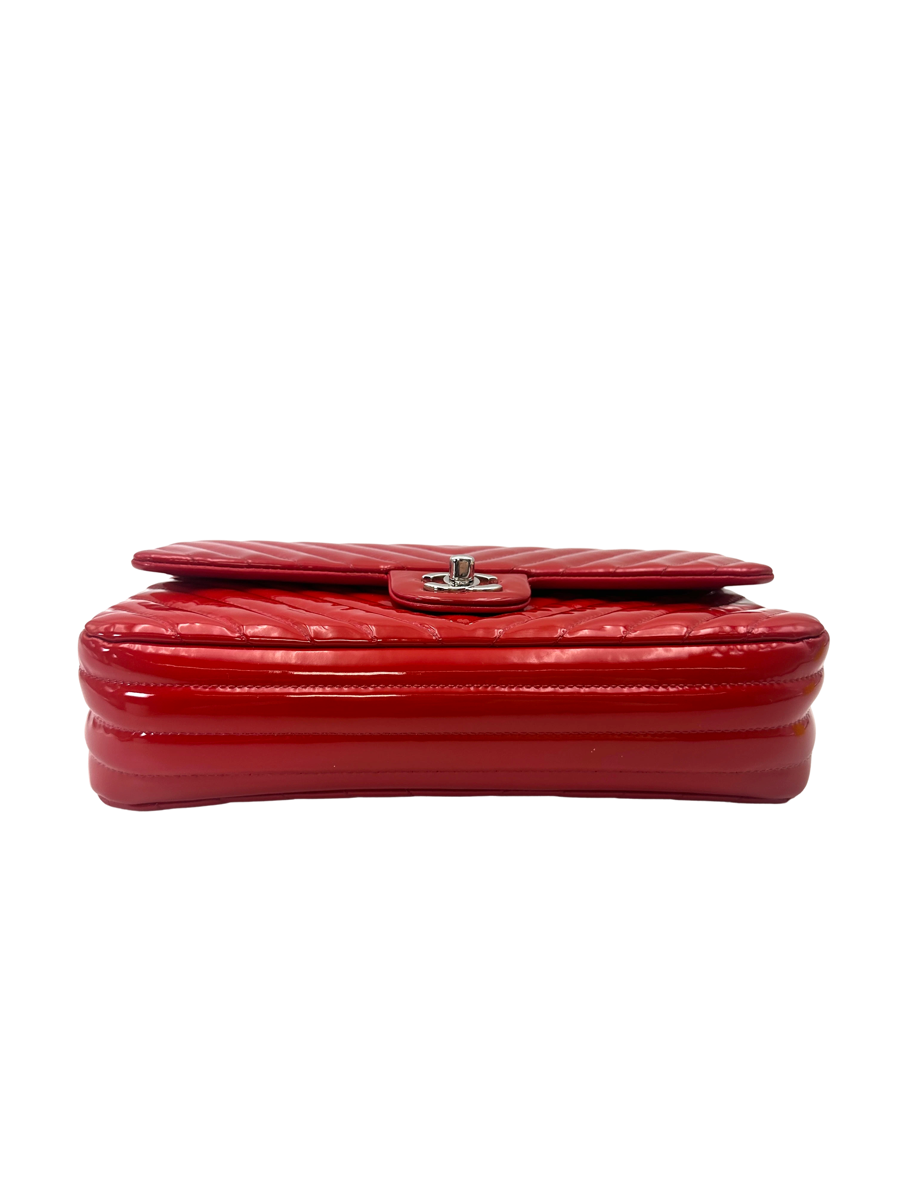 Chanel Classic Flap Red Chevron Quilted Patent Leather Shoulder Bag With Silver Buckle(21***27) CC2249