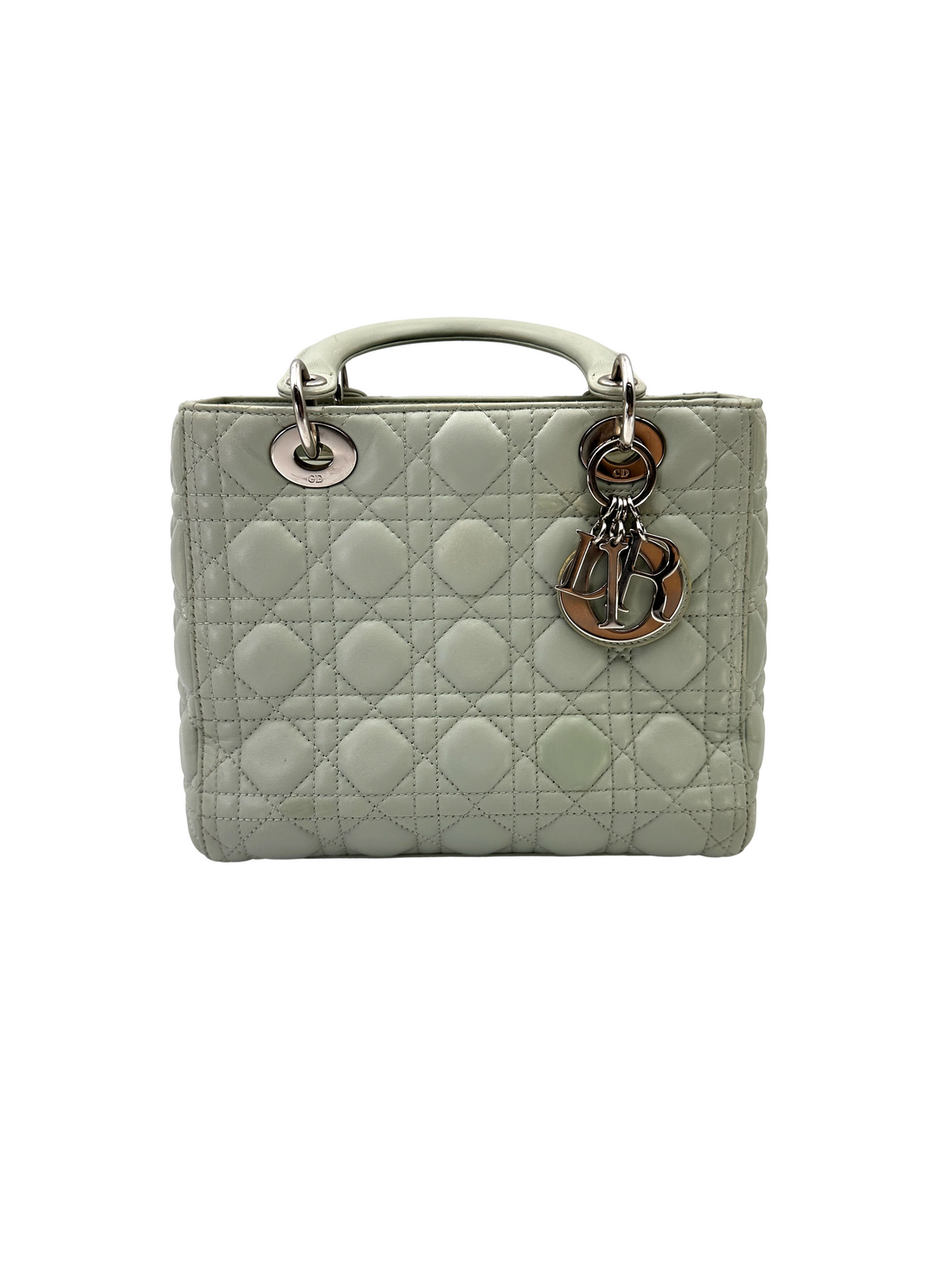 Christian Dior Lady Dior Light Green Leather Handle Bag With Silver Charms DR821