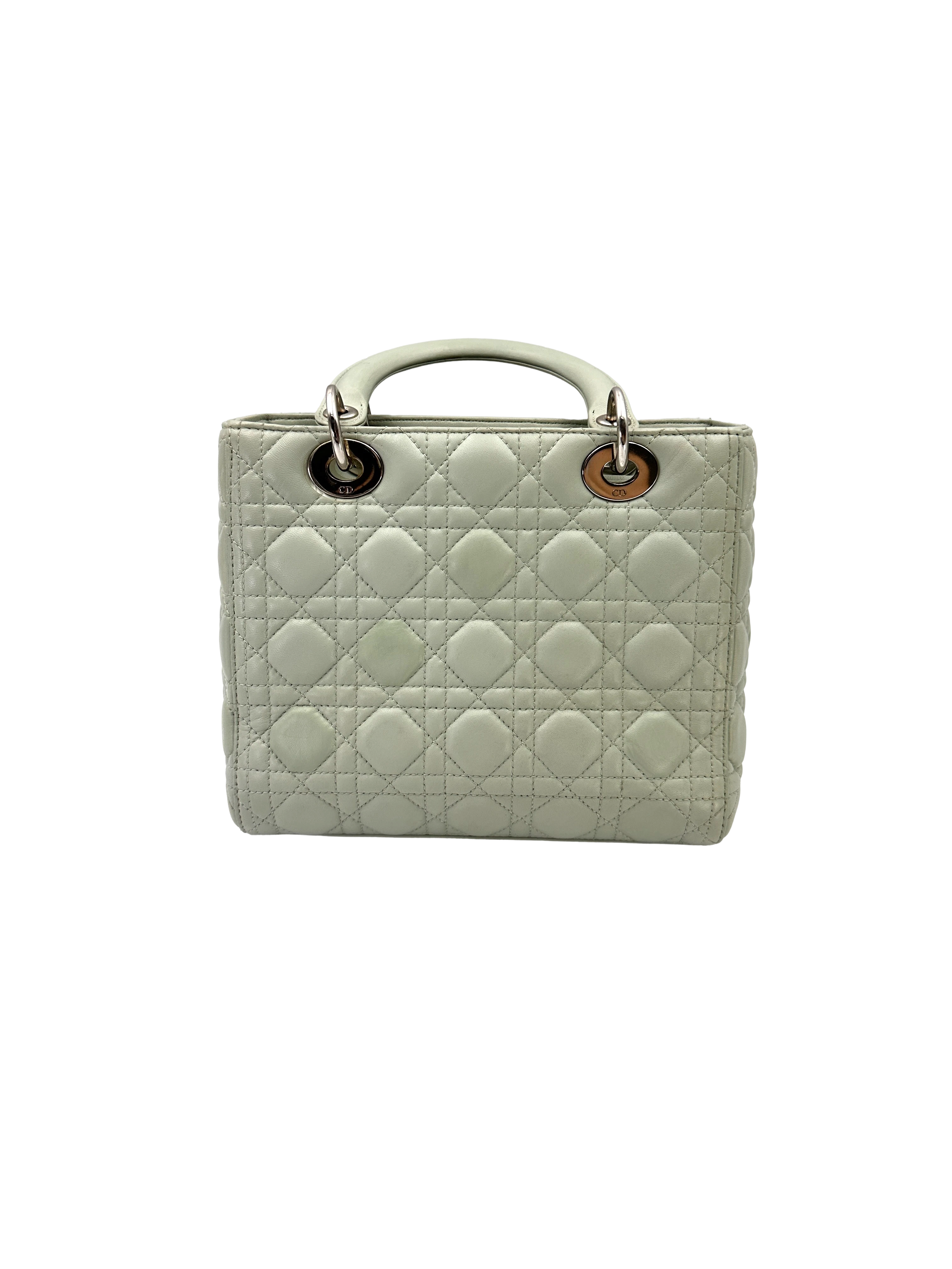 Christian Dior Lady Dior Light Green Leather Handle Bag With Silver Charms DR821