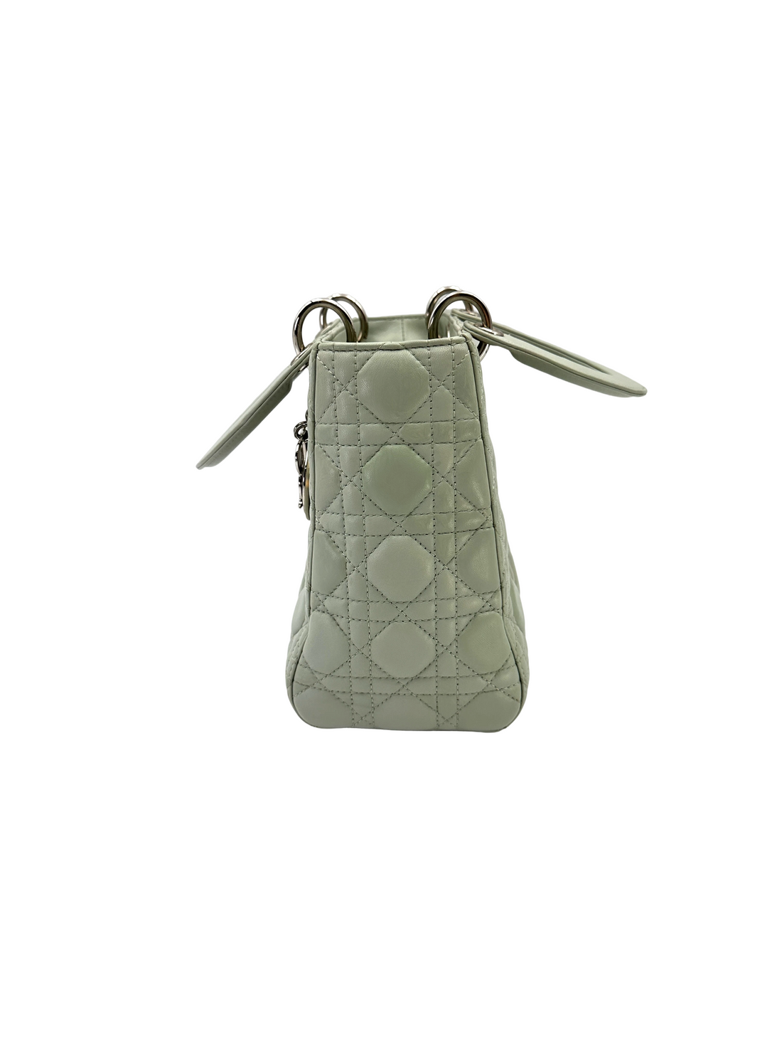 Christian Dior Lady Dior Light Green Leather Handle Bag With Silver Charms DR821