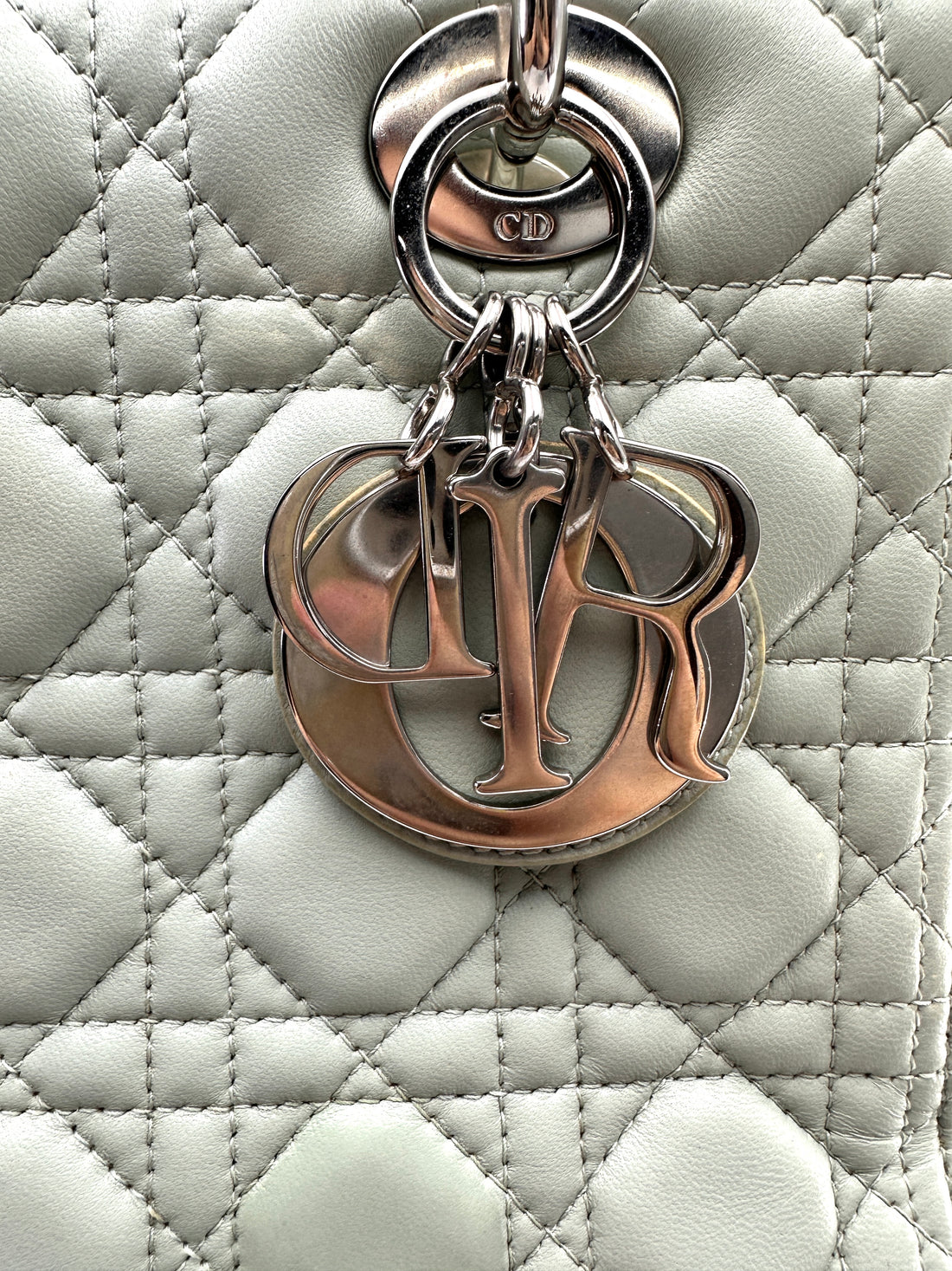 Christian Dior Lady Dior Light Green Leather Handle Bag With Silver Charms DR821