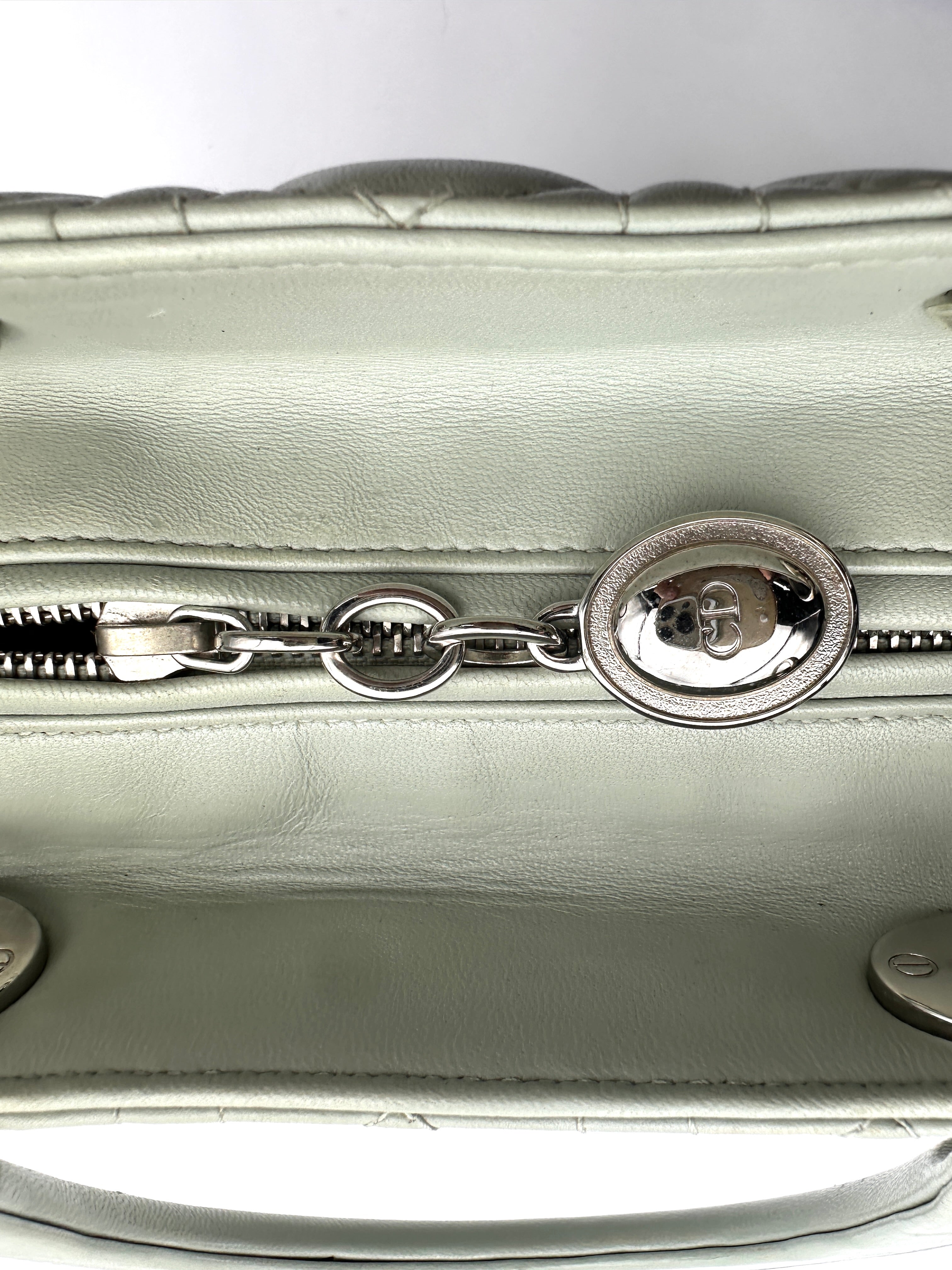 Christian Dior Lady Dior Light Green Leather Handle Bag With Silver Charms DR821