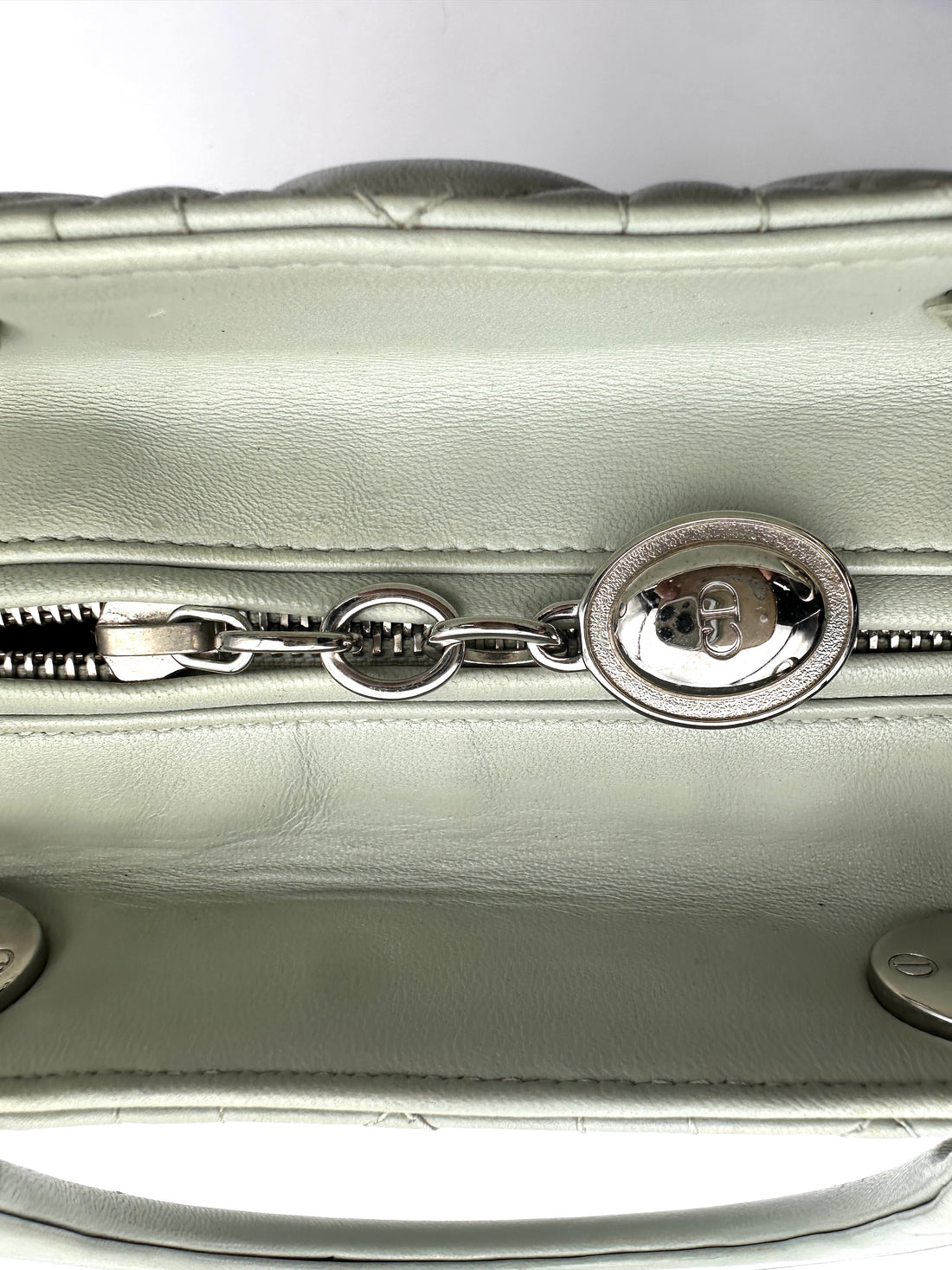 Christian Dior Lady Dior Light Green Leather Handle Bag With Silver Charms DR821